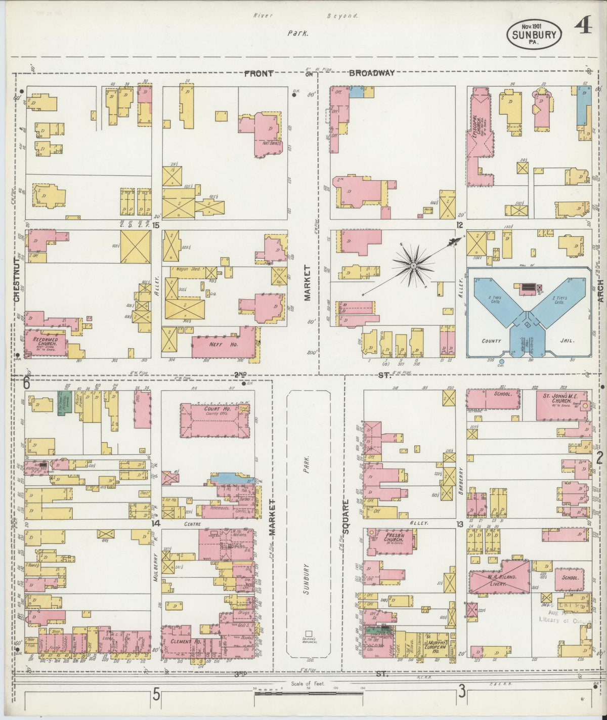 Sanborn Fire Insurance Map from Sunbury, Northumberland County, Pennsylvania (1901), Sheet #0004 - Historic Sanborn Fire Insurance Map Print, vintage old map wall art, antique decor, genealogy gift, Pennsylvania Pennsylvania map