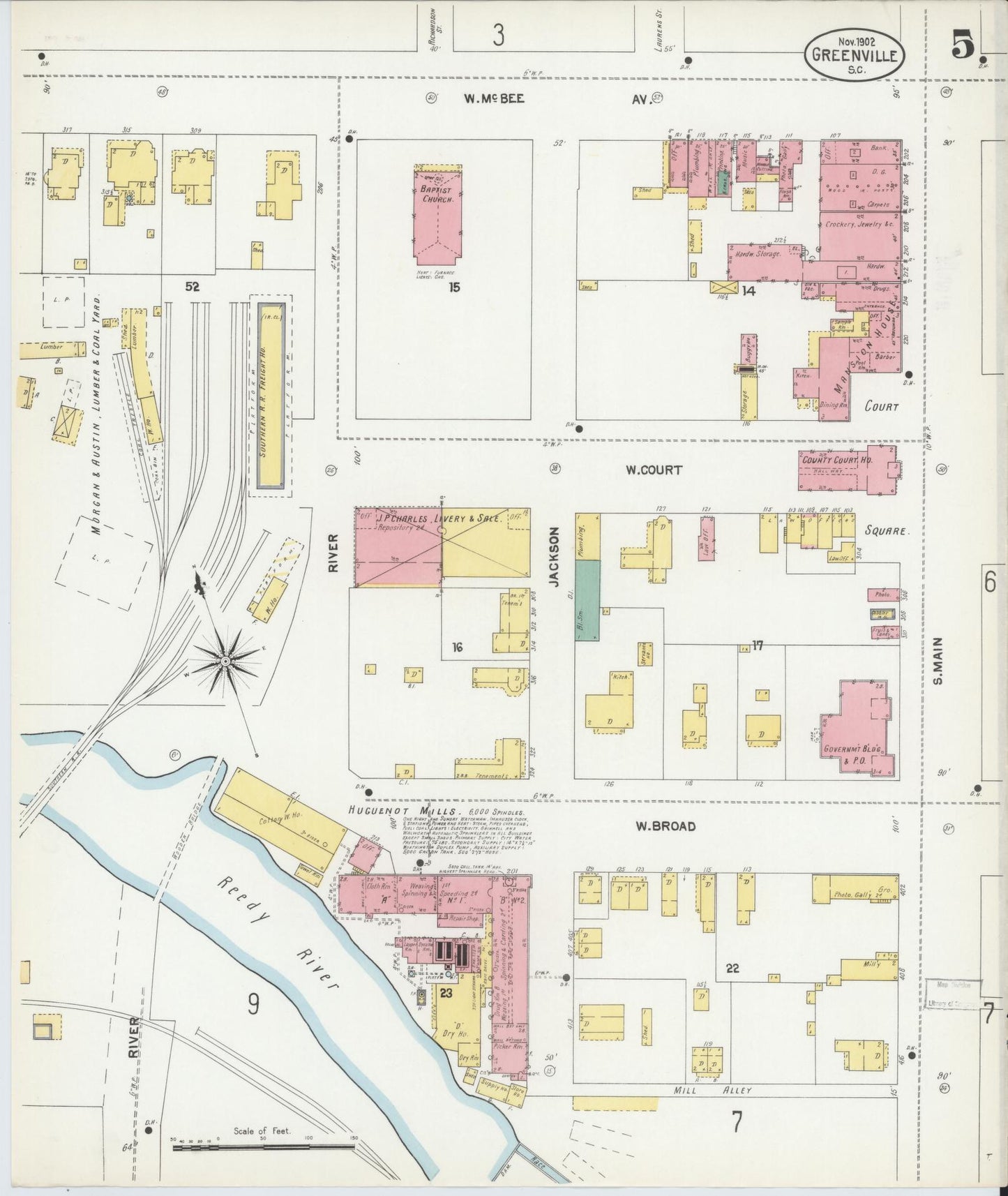 Sanborn Fire Insurance Map from Greenville, Greenville County, South Carolina (1902), Sheet #0005 - Complete Map Set gallery image, historic Sanborn map, vintage wall art, South Carolina South Carolina