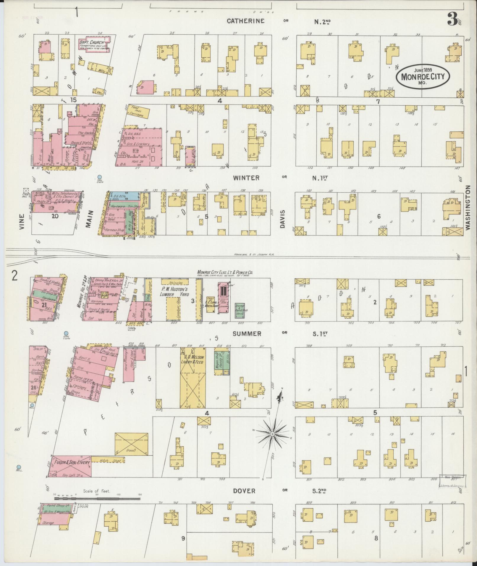 Sanborn Fire Insurance Map from Monroe City, Monroe County, Missouri (1899), Sheet #0003 - Complete Map Set gallery image, historic Sanborn map, vintage wall art, Missouri Missouri