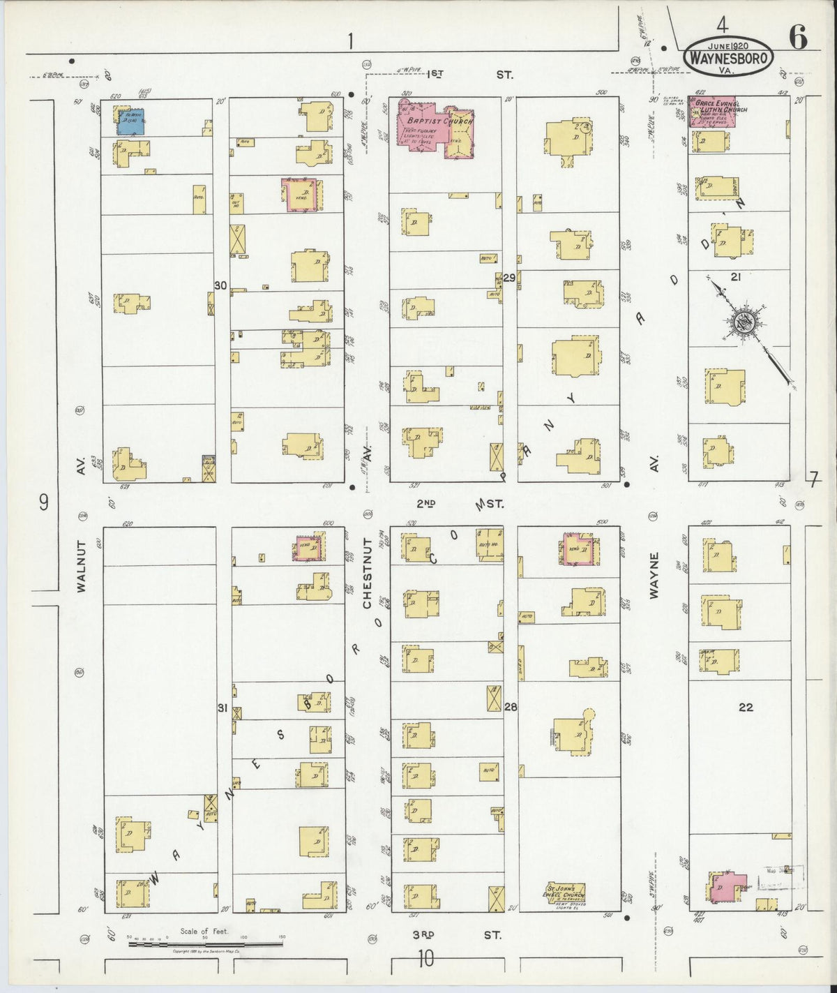 Sanborn Fire Insurance Map from Waynesboro, Independent Cities, Virginia (1920), Sheet #0006 - Complete Map Set gallery image, historic Sanborn map, vintage wall art, Virginia Virginia