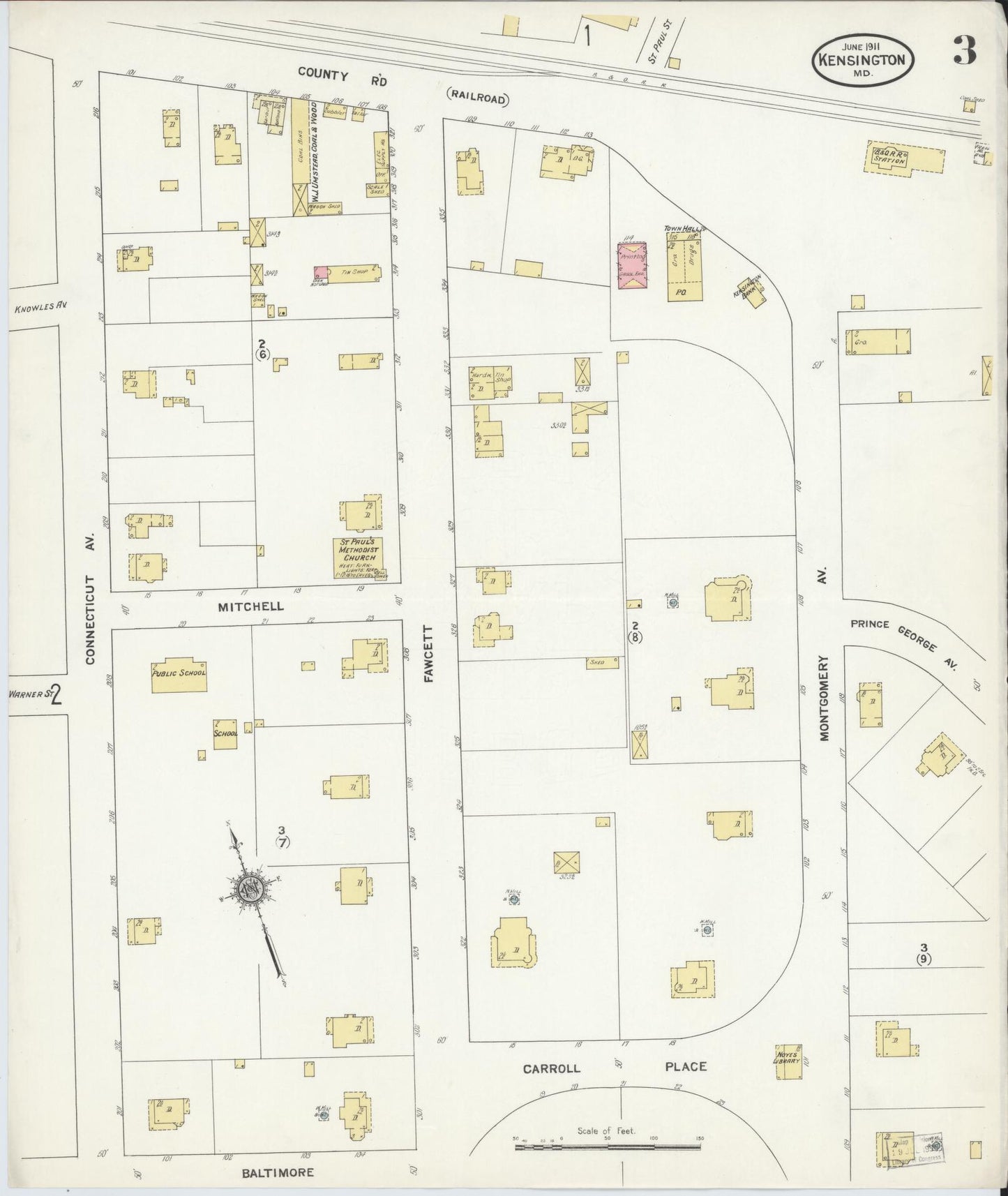 Sanborn Fire Insurance Map from Kensington, Montgomery County, Maryland (1911), Sheet #0003 - Historic Sanborn Fire Insurance Map Print, vintage old map wall art