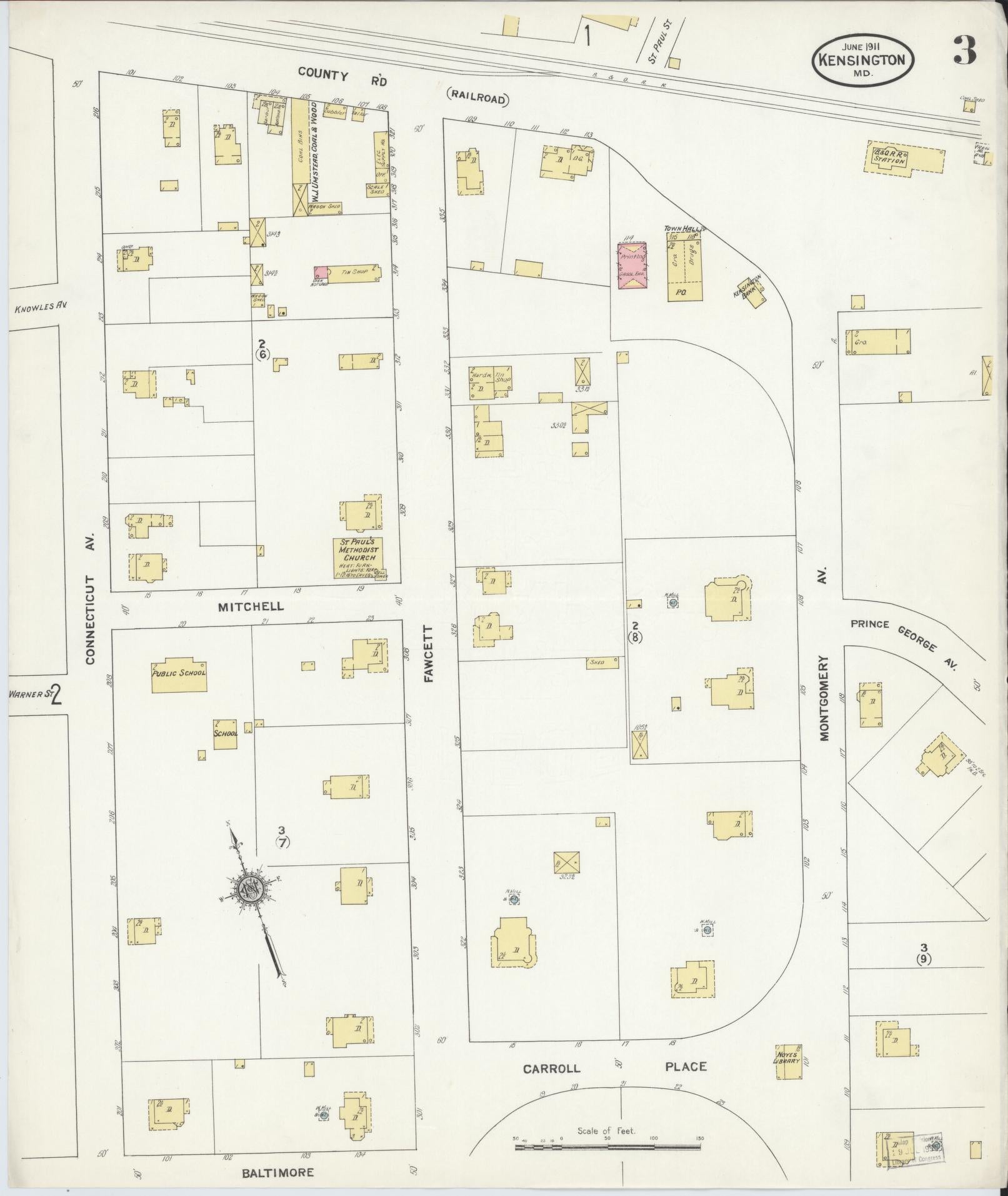 Sanborn Fire Insurance Map from Kensington, Montgomery County, Maryland (1911), Sheet #0003 - Historic Sanborn Fire Insurance Map Print, vintage old map wall art