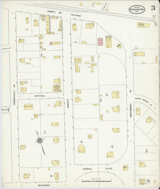 Sanborn Fire Insurance Map from Kensington, Montgomery County, Maryland (1911), Sheet #0003 - Historic Sanborn Fire Insurance Map Print, vintage old map wall art