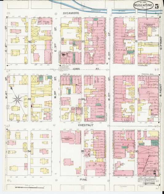 Sanborn Fire Insurance Map from Muscatine, Musactine County, Iowa (1892), Sheet #0005 - Historic Sanborn Fire Insurance Map Print, vintage old map wall art