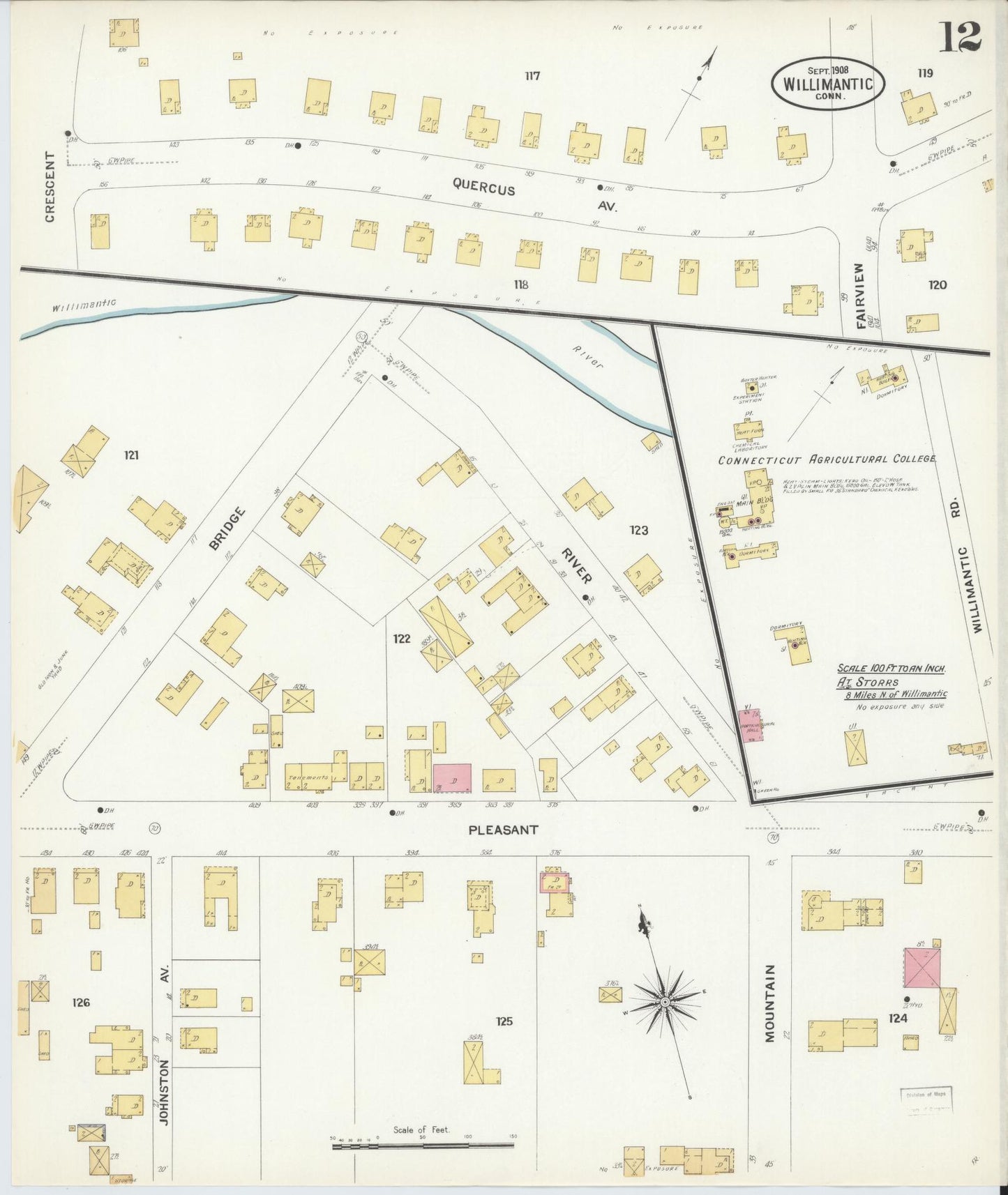 Sanborn Fire Insurance Map from Willimantic, Windham County, Connecticut (1908), Sheet #0012 - Historic Sanborn Fire Insurance Map Print, vintage old map wall art, antique decor, genealogy gift, Connecticut Connecticut map