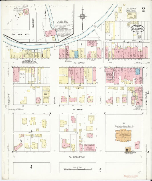 Sanborn Fire Insurance Map from Decorah, Winneshiek County, Iowa (1914), Sheet #0002 - Historic Sanborn Fire Insurance Map Print, vintage old map wall art