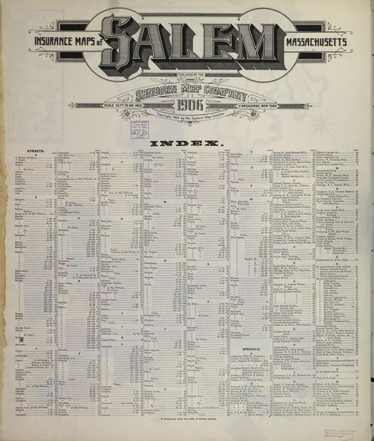 Sanborn Fire Insurance Map from Salem, Essex County, Massachusetts (1906), Sheet #0001 - Historic Sanborn Fire Insurance Map Print, vintage old map wall art, antique decor, genealogy gift, Massachusetts Massachusetts map
