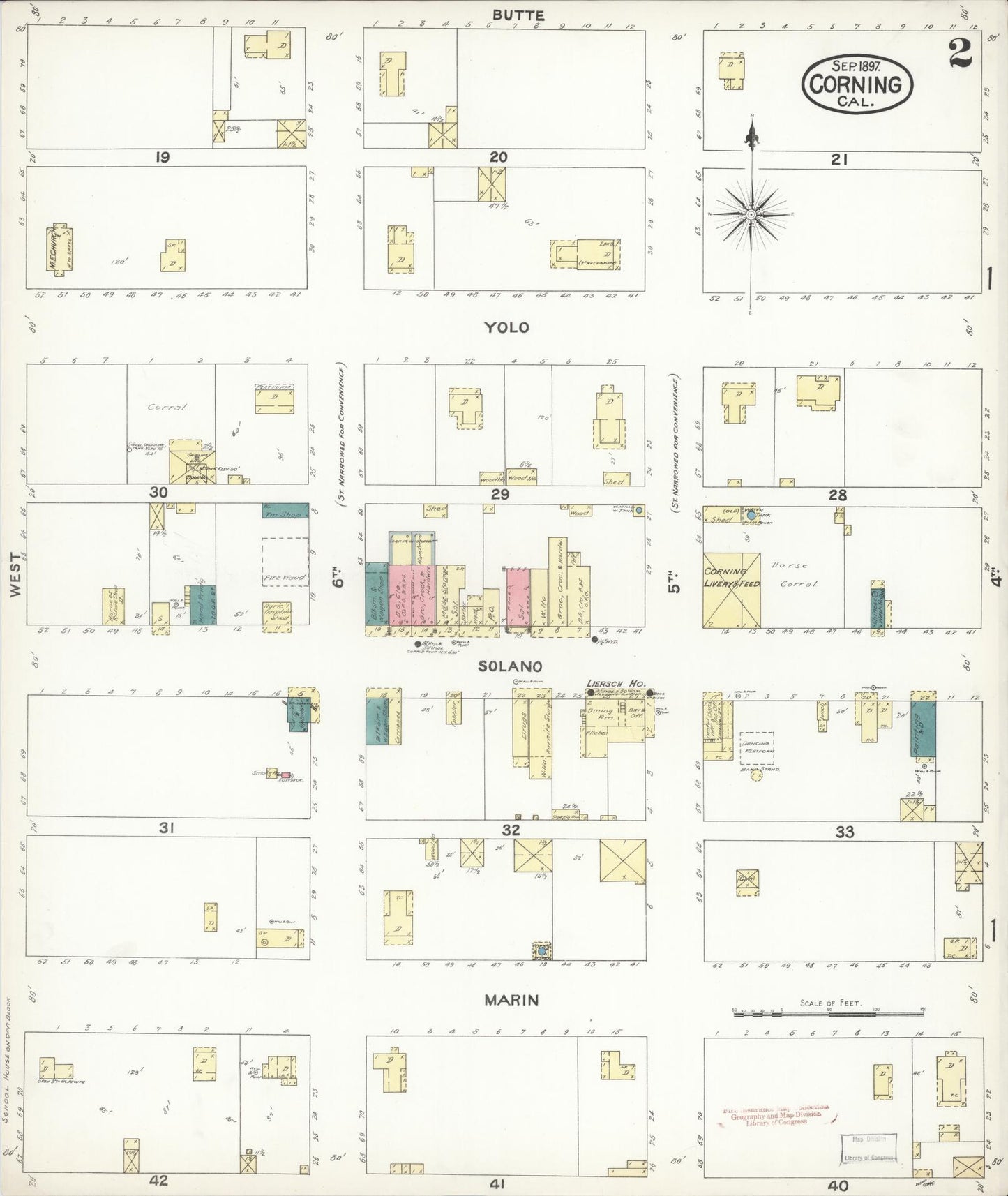 Sanborn Fire Insurance Map from Corning, Tehama County, California (1897), Sheet #0002 - Complete Map Set gallery image, historic Sanborn map, vintage wall art, California California