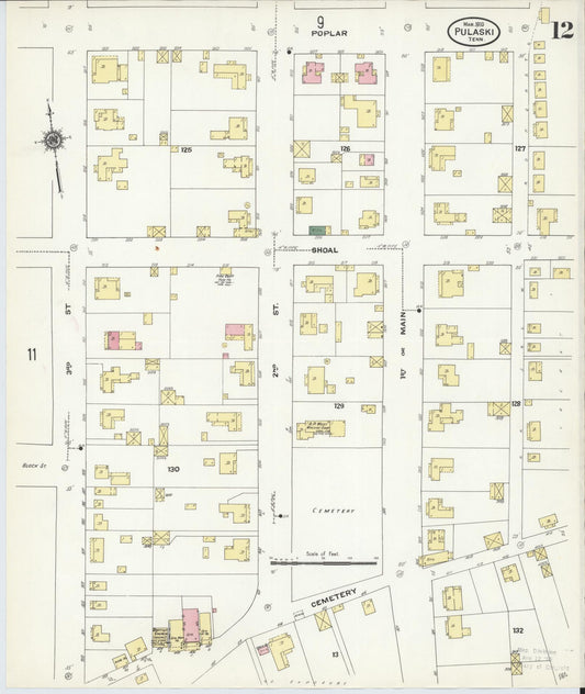 Sanborn Fire Insurance Map from Pulaski, Giles County, Tennessee (1910), Sheet #0012 - Historic Sanborn Fire Insurance Map Print, vintage old map wall art, antique decor, genealogy gift, Tennessee Tennessee map