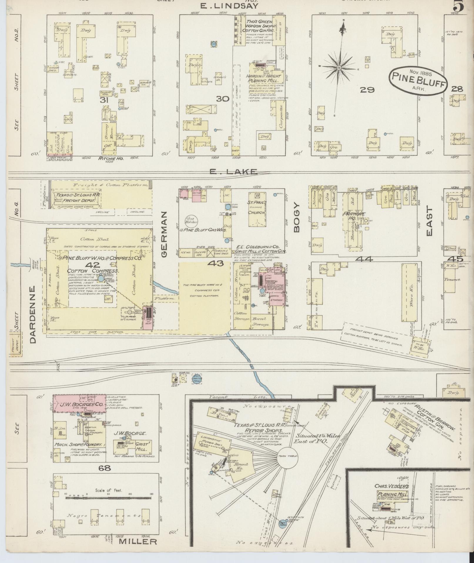 Sanborn Fire Insurance Map from Pine Bluff, Jefferson County, Arkansas (1885), Sheet #0005 - Historic Sanborn Fire Insurance Map Print, vintage old map wall art, antique decor, genealogy gift, Arkansas Arkansas map