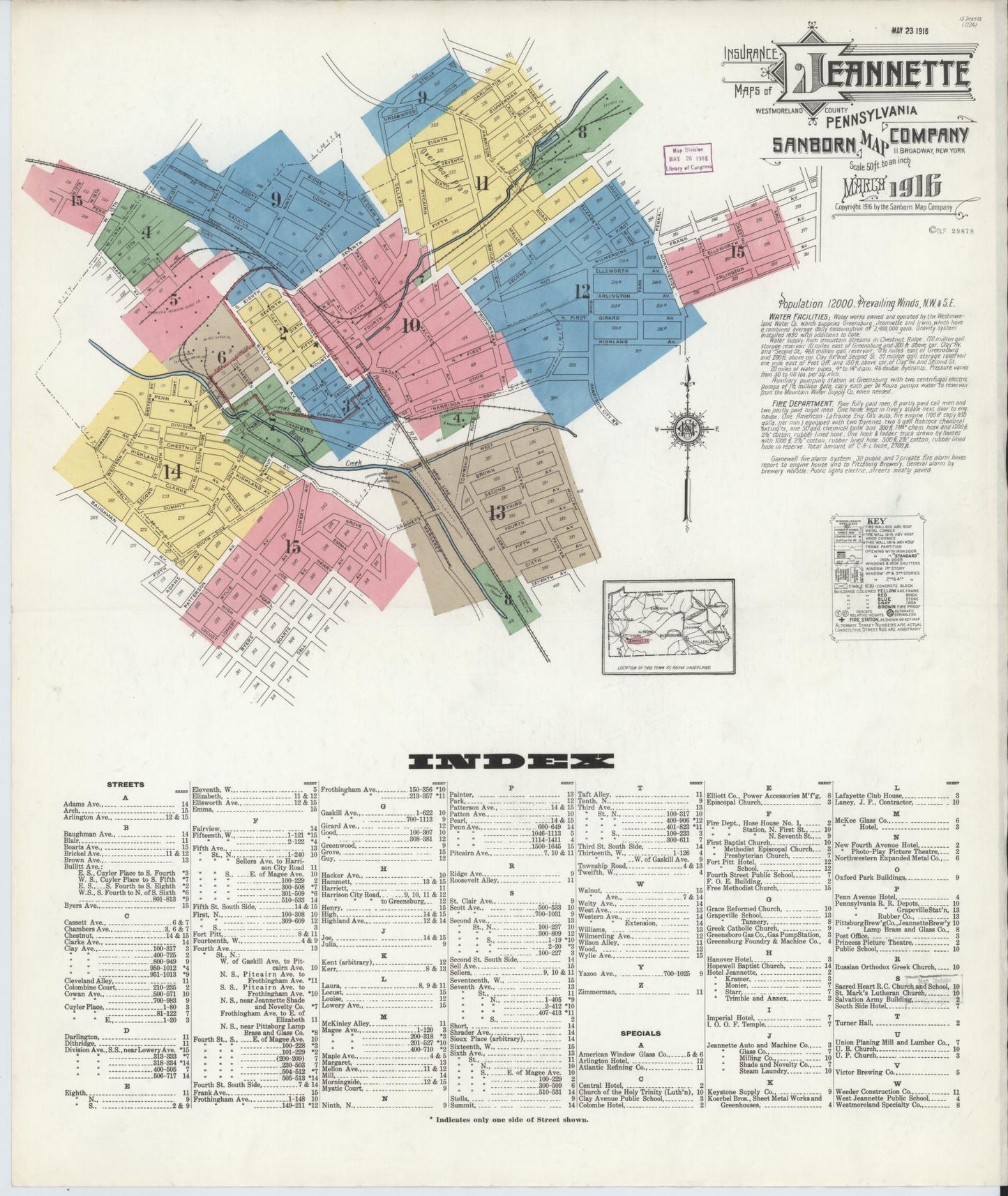 Sanborn Fire Insurance Map from Jeannette, Westmoreland County, Pennsylvania (1916), Sheet #0001 - Complete Map Set gallery image, historic Sanborn map, vintage wall art, Pennsylvania Pennsylvania
