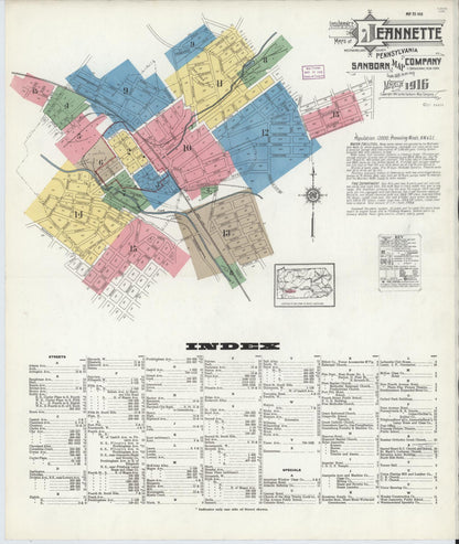 Sanborn Fire Insurance Map from Jeannette, Westmoreland County, Pennsylvania (1916), Sheet #0001 - Complete Map Set gallery image, historic Sanborn map, vintage wall art, Pennsylvania Pennsylvania