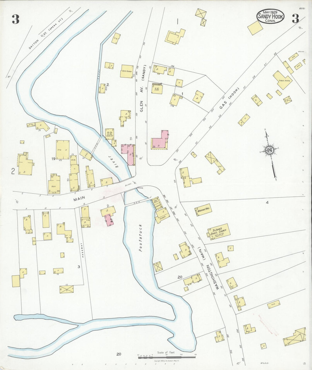 Sanborn Fire Insurance Map from Sandy Hook, Fairfield County, Connecticut (1929), Sheet #0003 - Historic Sanborn Fire Insurance Map Print, vintage old map wall art, antique decor, genealogy gift, Connecticut Connecticut map