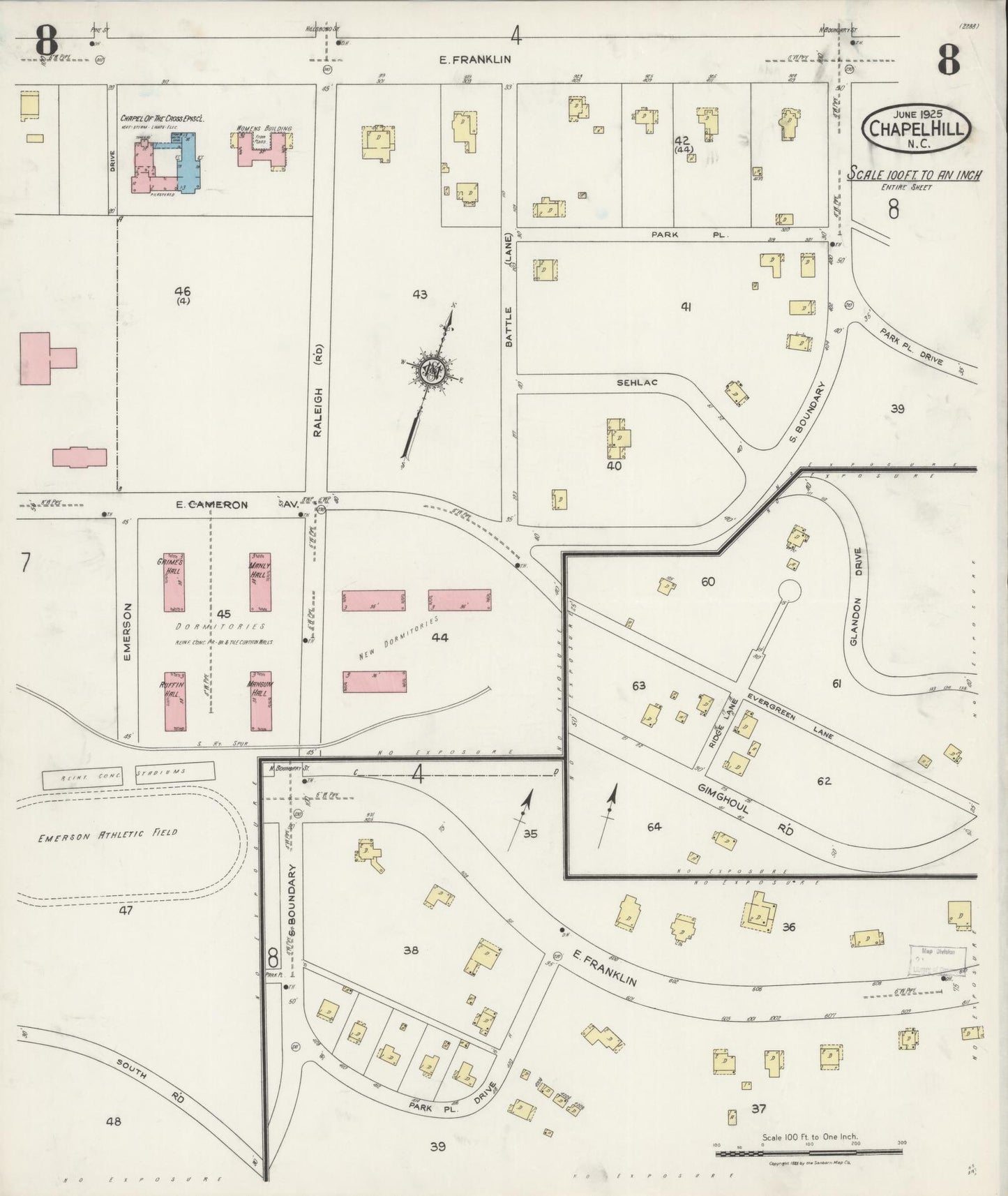Sanborn Fire Insurance Map from Chapel Hill, Orange County, North Carolina (1925), Sheet #0008 - Historic Sanborn Fire Insurance Map Print, vintage old map wall art, antique decor, genealogy gift, North Carolina North Carolina map