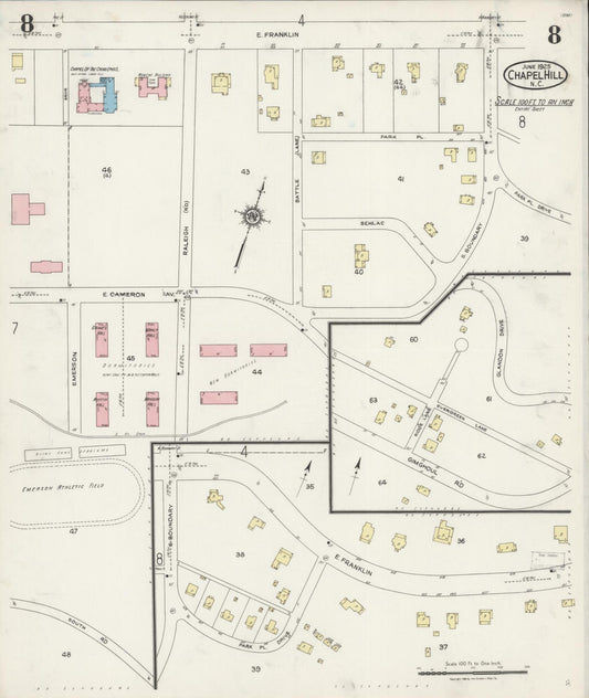 Sanborn Fire Insurance Map from Chapel Hill, Orange County, North Carolina (1925), Sheet #0008 - Historic Sanborn Fire Insurance Map Print, vintage old map wall art, antique decor, genealogy gift, North Carolina North Carolina map