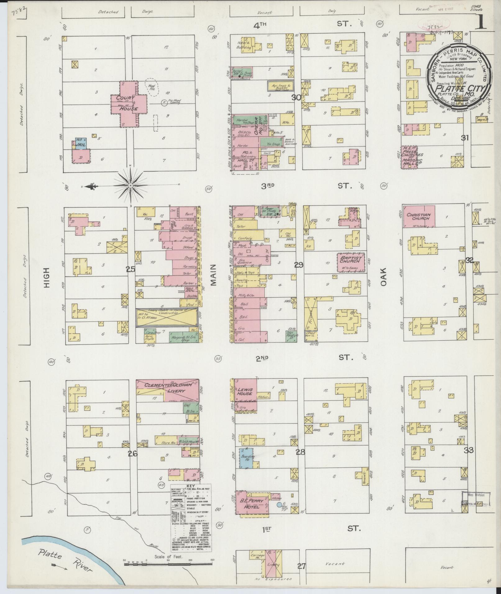Sanborn Fire Insurance Map from Platte City, Platte County, Missouri (1892), Sheet #0001 - Historic Sanborn Fire Insurance Map Print, vintage old map wall art, antique decor, genealogy gift, Missouri Missouri map