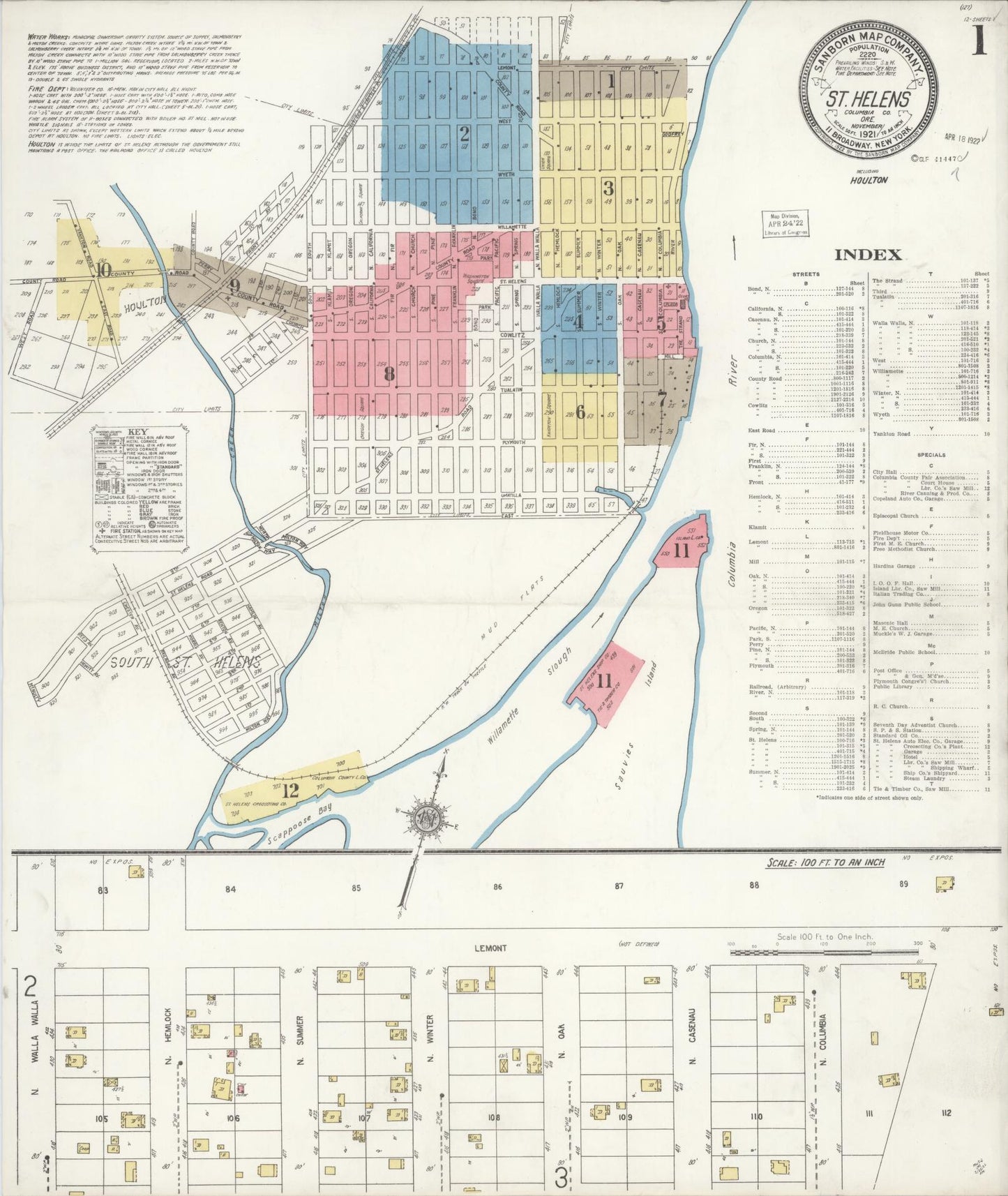 Sanborn Fire Insurance Map from Saint Helens, Columbia County, Oregon (1921), Sheet #0001 - Historic Sanborn Fire Insurance Map Print, vintage old map wall art, antique decor, genealogy gift, Oregon Oregon map
