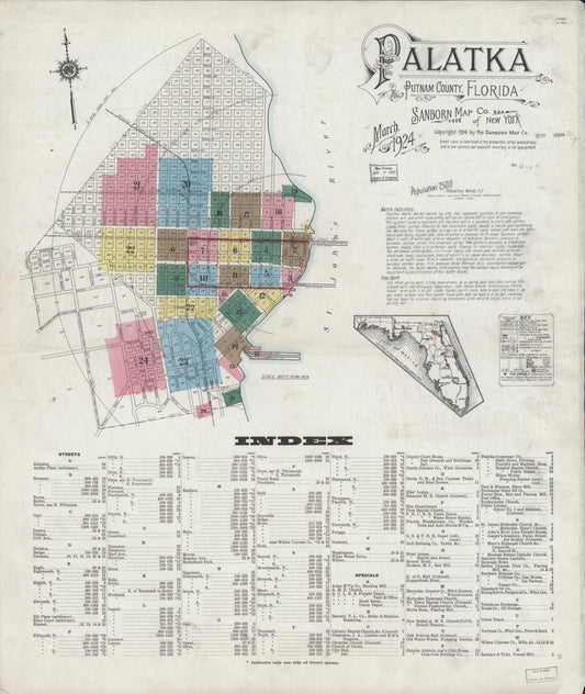 Sanborn Fire Insurance Map from Palatka, Putnam County, Florida (1924), Sheet #0001 - Historic Sanborn Fire Insurance Map Print, vintage old map wall art, antique decor, genealogy gift, Florida Florida map