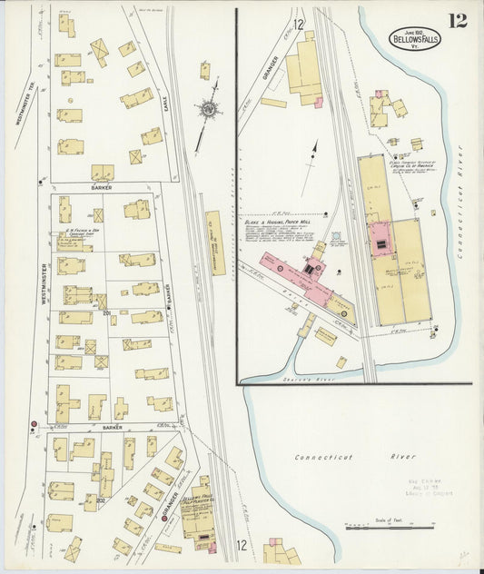 Sanborn Fire Insurance Map from Bellows Falls, Windham County, Vermont (1912), Sheet #0012 - Historic Sanborn Fire Insurance Map Print, vintage old map wall art, antique decor, genealogy gift, Vermont Vermont map