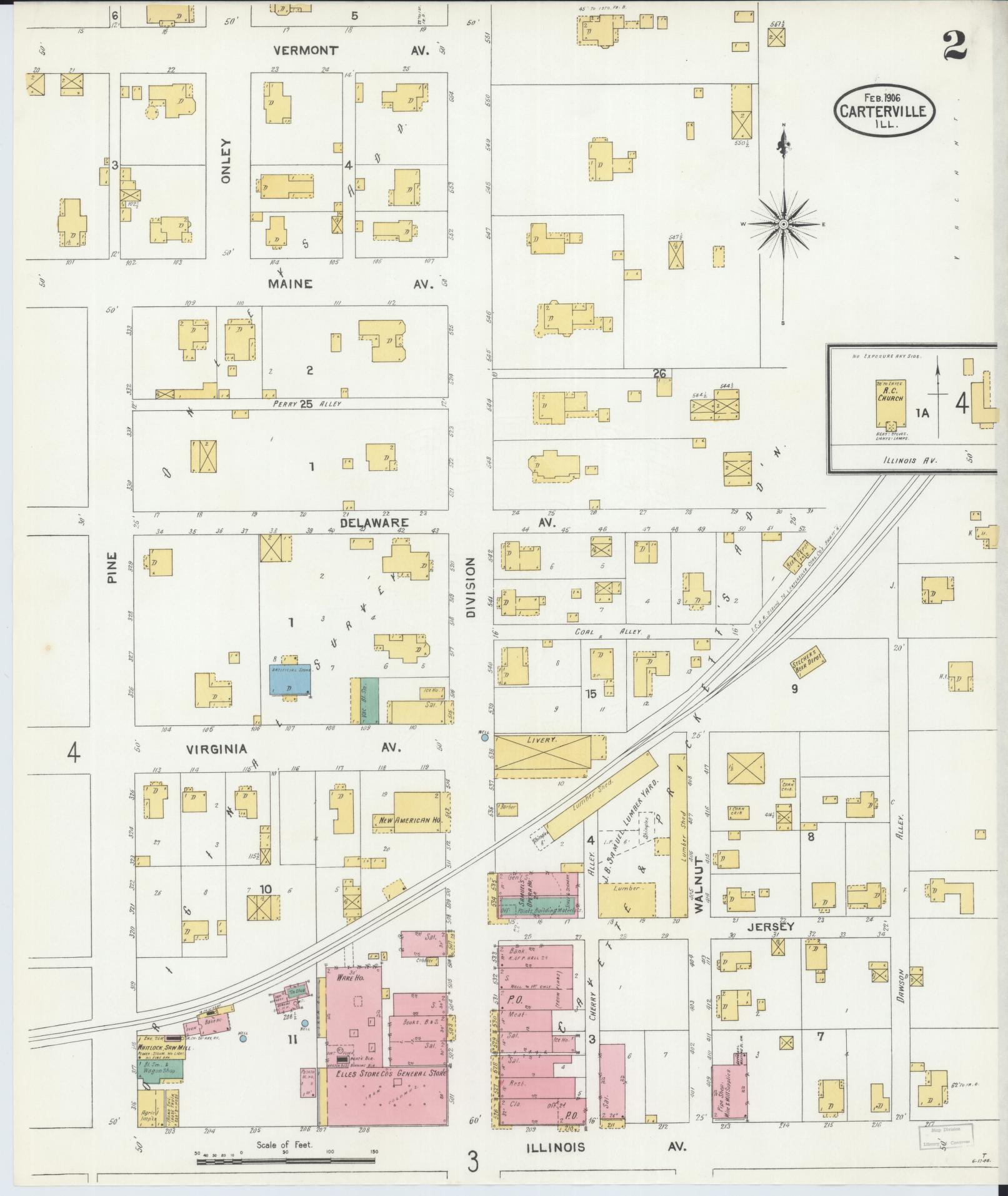 Sanborn Fire Insurance Map from Carterville, Williamson County, Illinois (1906), Sheet #0002 - Complete Map Set gallery image, historic Sanborn map, vintage wall art, Illinois Illinois