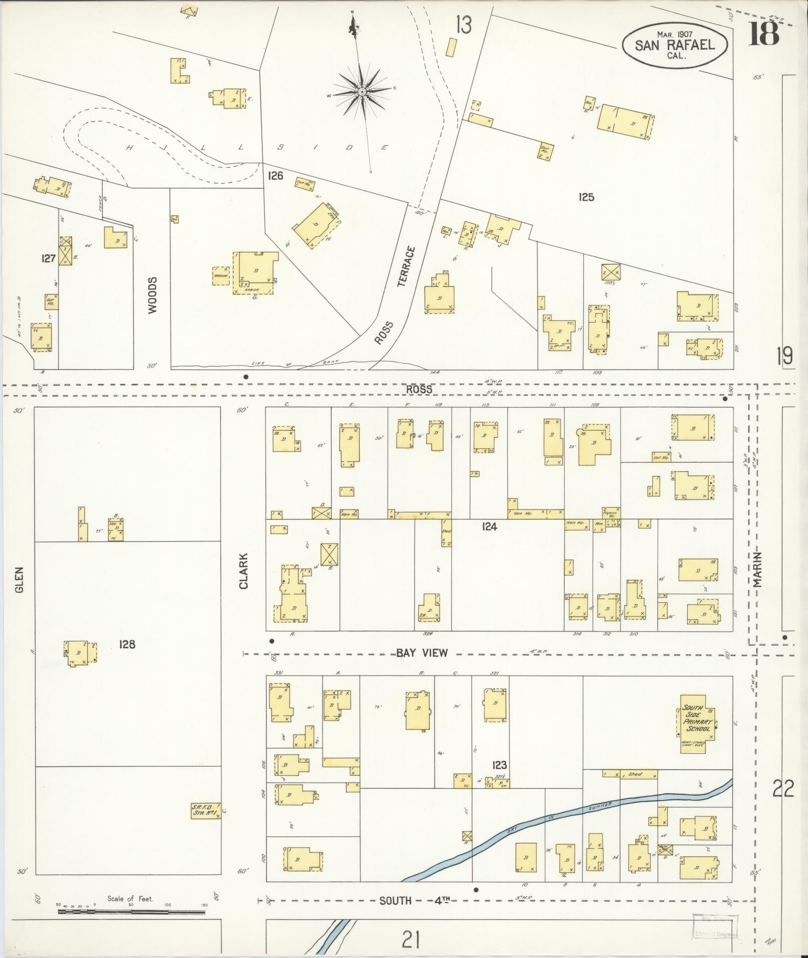 Sanborn Fire Insurance Map from San Rafael, Marin County, California (1907), Sheet #0018 - Complete Map Set gallery image, historic Sanborn map, vintage wall art, California California