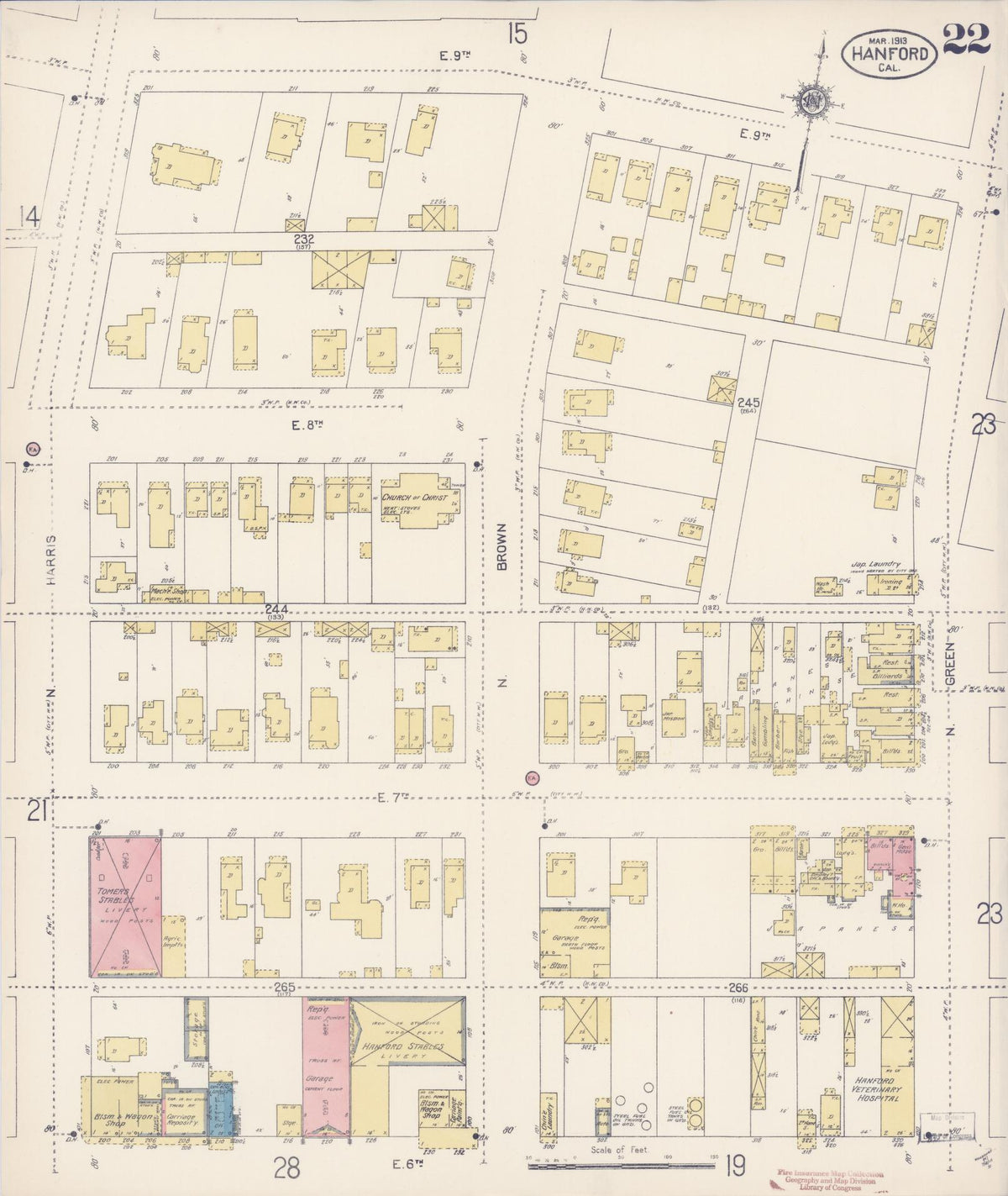 Sanborn Fire Insurance Map from Hanford, Kings County, California (1913), Sheet #0022 - Complete Map Set gallery image, historic Sanborn map, vintage wall art, California California
