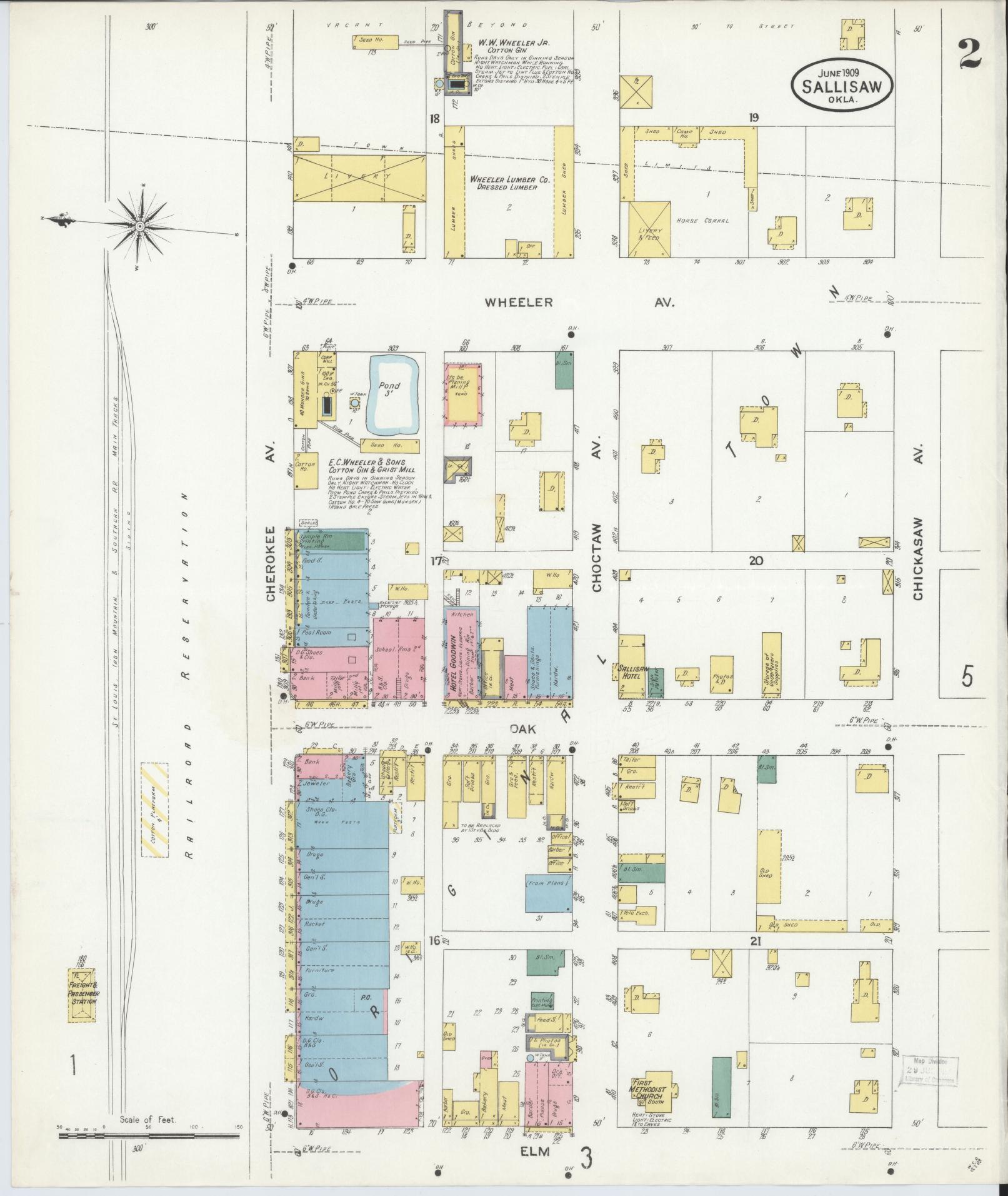 Sanborn Fire Insurance Map from Sallisaw, Sequoyah County, Oklahoma (1909), Sheet #0002 - Complete Map Set gallery image, historic Sanborn map, vintage wall art, Oklahoma Oklahoma
