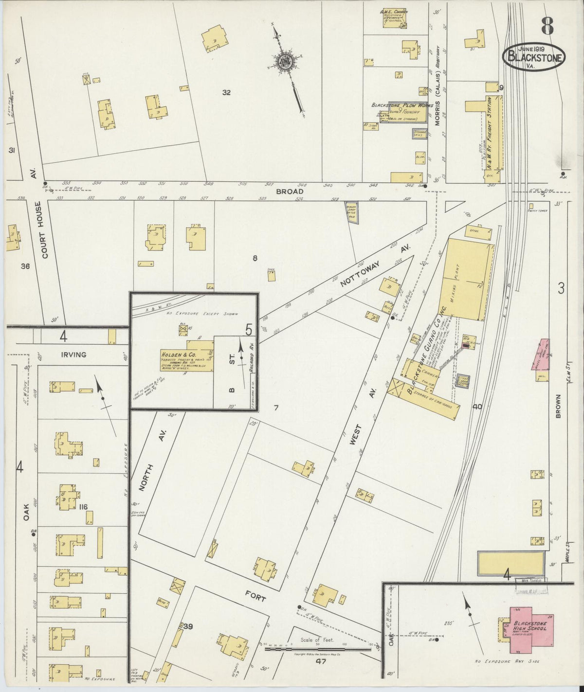 Sanborn Fire Insurance Map from Blackstone, Nottoway County, Virginia (1919), Sheet #0008 - Complete Map Set gallery image, historic Sanborn map, vintage wall art, Virginia Virginia