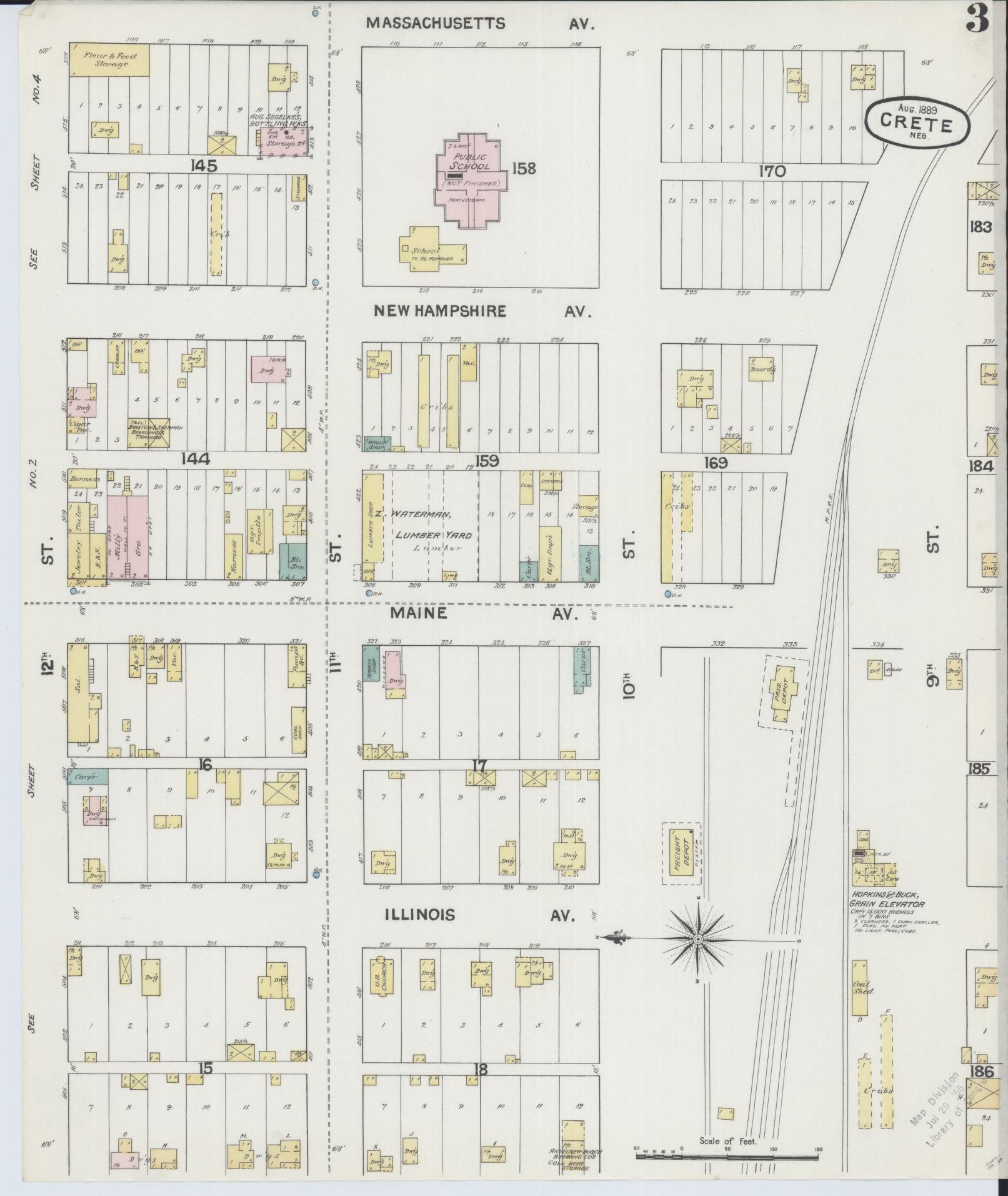 Sanborn Fire Insurance Map from Crete, Saline County, Nebraska (1889), Sheet #0003 - Historic Sanborn Fire Insurance Map Print, vintage old map wall art, antique decor, genealogy gift, Nebraska Nebraska map