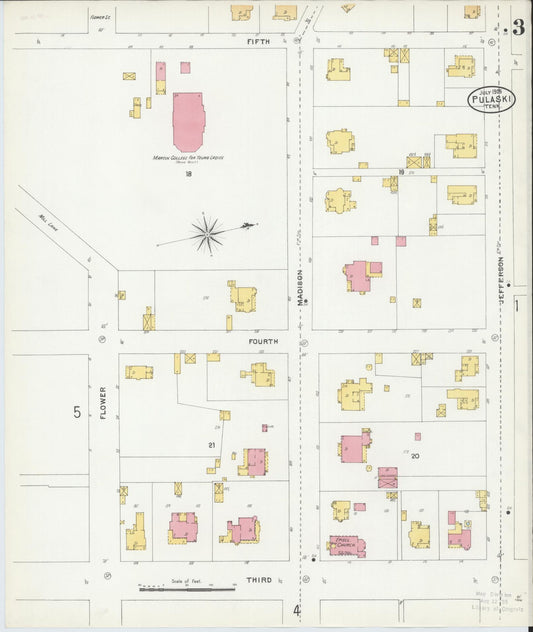 Sanborn Fire Insurance Map from Pulaski, Giles County, Tennessee (1905), Sheet #0003 - Historic Sanborn Fire Insurance Map Print, vintage old map wall art, antique decor, genealogy gift, Tennessee Tennessee map