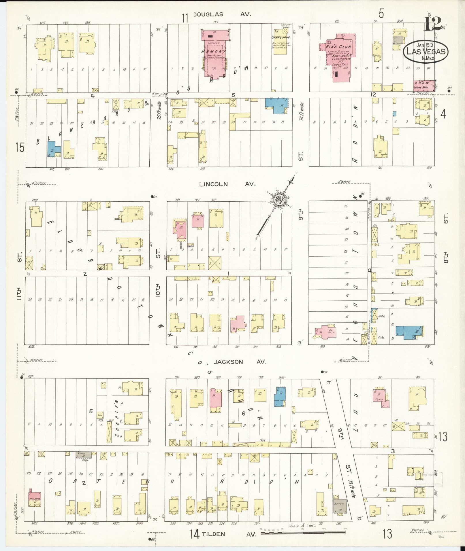 Sanborn Fire Insurance Map from Las Vegas, San Miguel County, New Mexico (1913), Sheet #0012 - Complete Map Set gallery image, historic Sanborn map, vintage wall art, New Mexico New Mexico