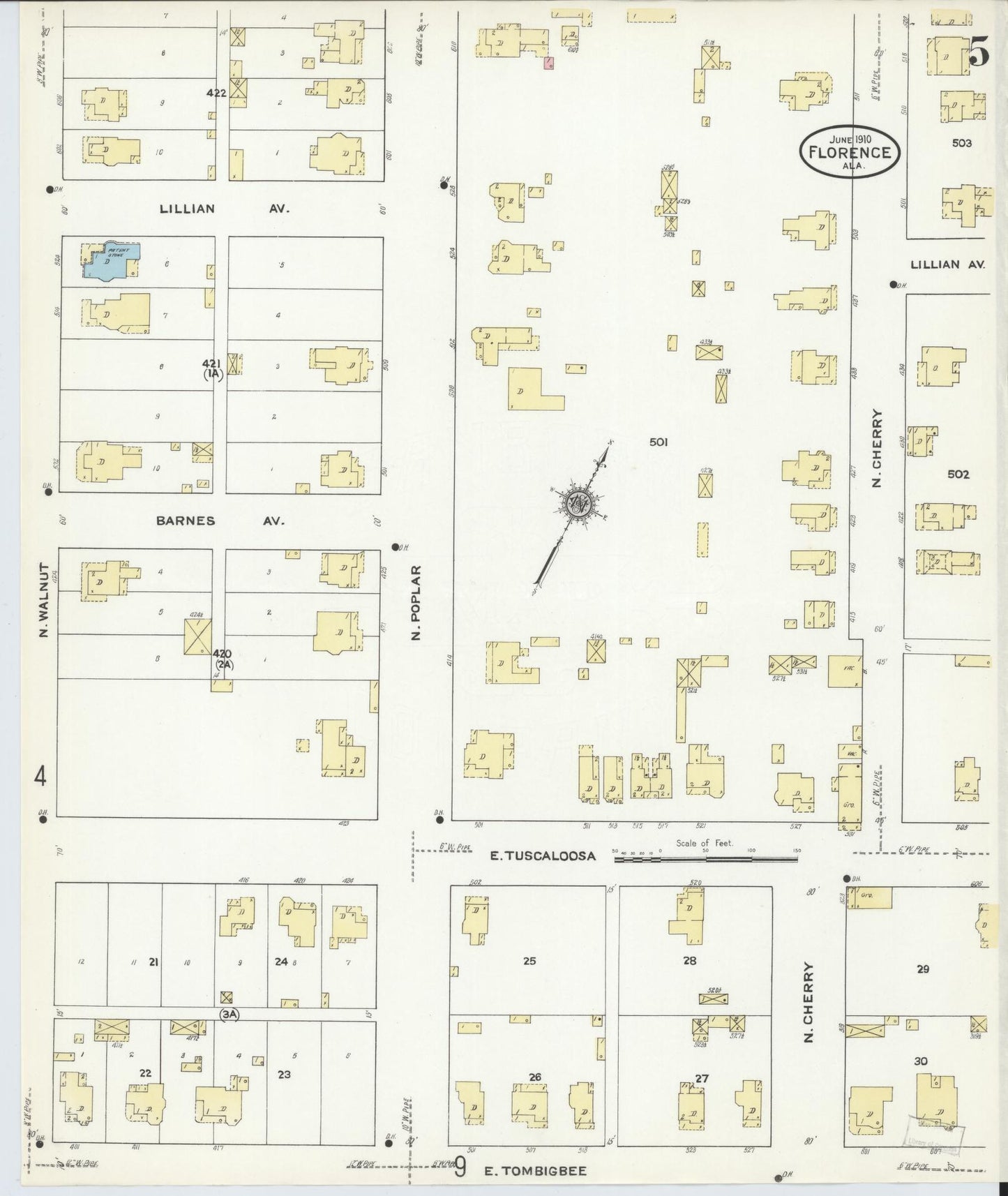 Sanborn Fire Insurance Map from Florence, Lauderdale County, Alabama (1910), Sheet #0005 - Historic Sanborn Fire Insurance Map Print, vintage old map wall art, antique decor, genealogy gift, Alabama Alabama map