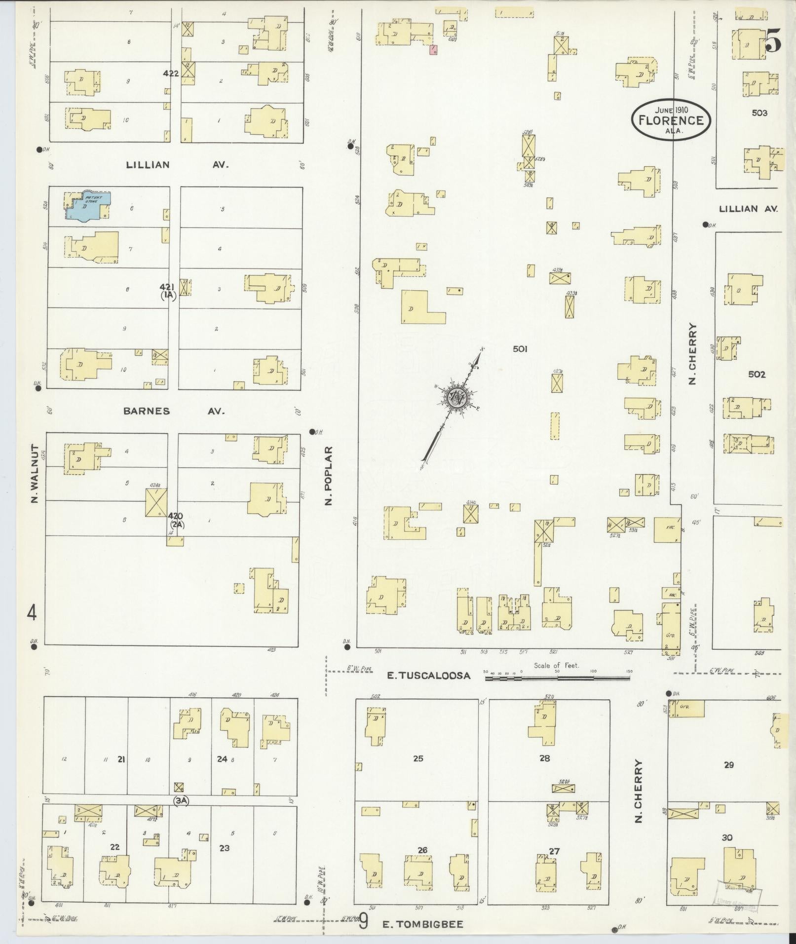 Sanborn Fire Insurance Map from Florence, Lauderdale County, Alabama (1910), Sheet #0005 - Historic Sanborn Fire Insurance Map Print, vintage old map wall art, antique decor, genealogy gift, Alabama Alabama map