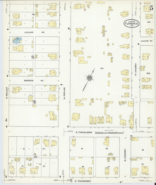 Sanborn Fire Insurance Map from Florence, Lauderdale County, Alabama (1910), Sheet #0005 - Historic Sanborn Fire Insurance Map Print, vintage old map wall art, antique decor, genealogy gift, Alabama Alabama map