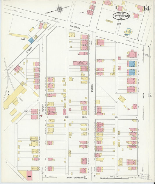 Sanborn Fire Insurance Map from Pottstown, Montgomery County, Pennsylvania (1916), Sheet #0014 - Historic Sanborn Fire Insurance Map Print, vintage old map wall art, antique decor, genealogy gift, Pennsylvania Pennsylvania map