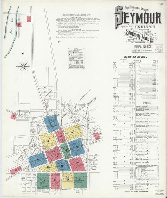 Sanborn Fire Insurance Map from Seymour, Jackson County, Indiana (1907), Sheet #0001 - Historic Sanborn Fire Insurance Map Print, vintage old map wall art, antique decor, genealogy gift, Indiana Indiana map