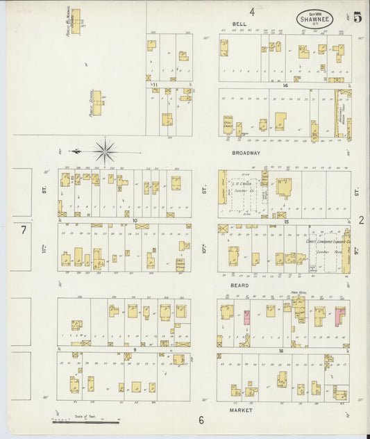 Sanborn Fire Insurance Map from Shawnee, Pottawatomie County, Oklahoma (1898), Sheet #0005 - Historic Sanborn Fire Insurance Map Print, vintage old map wall art, antique decor, genealogy gift, Oklahoma Oklahoma map