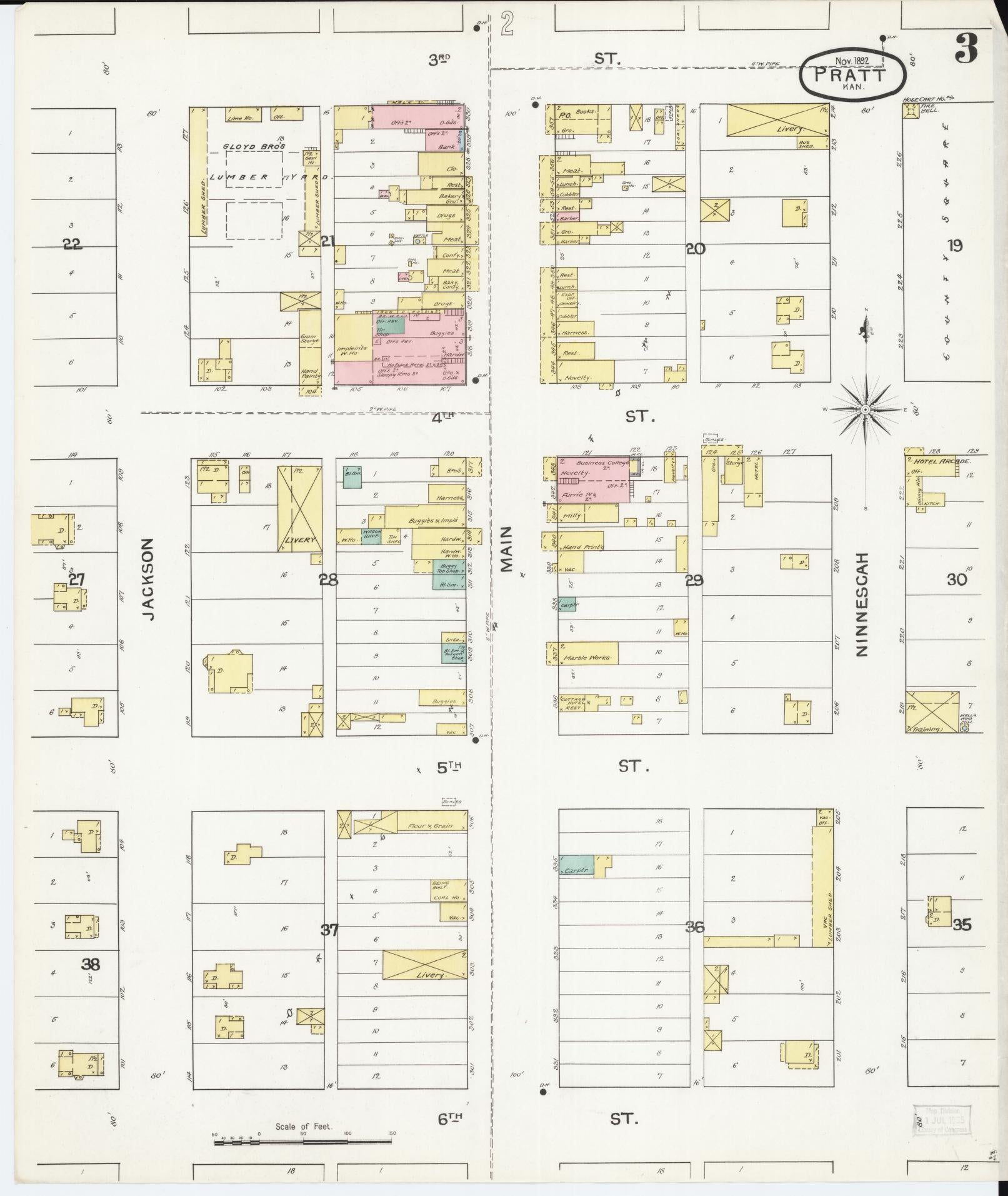 Sanborn Fire Insurance Map from Pratt, Pratt County, Kansas (1892), Sheet #0003 - Complete Map Set gallery image, historic Sanborn map, vintage wall art, Kansas Kansas