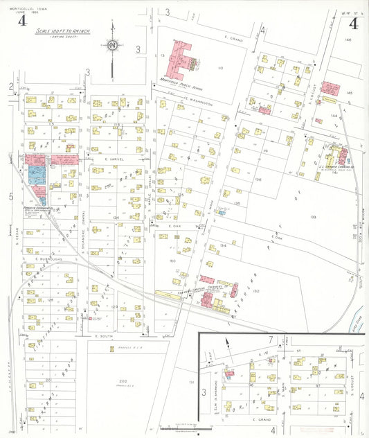 Sanborn Fire Insurance Map from Monticello, Jones County, Iowa (1935), Sheet #0004 - Historic Sanborn Fire Insurance Map Print, vintage old map wall art