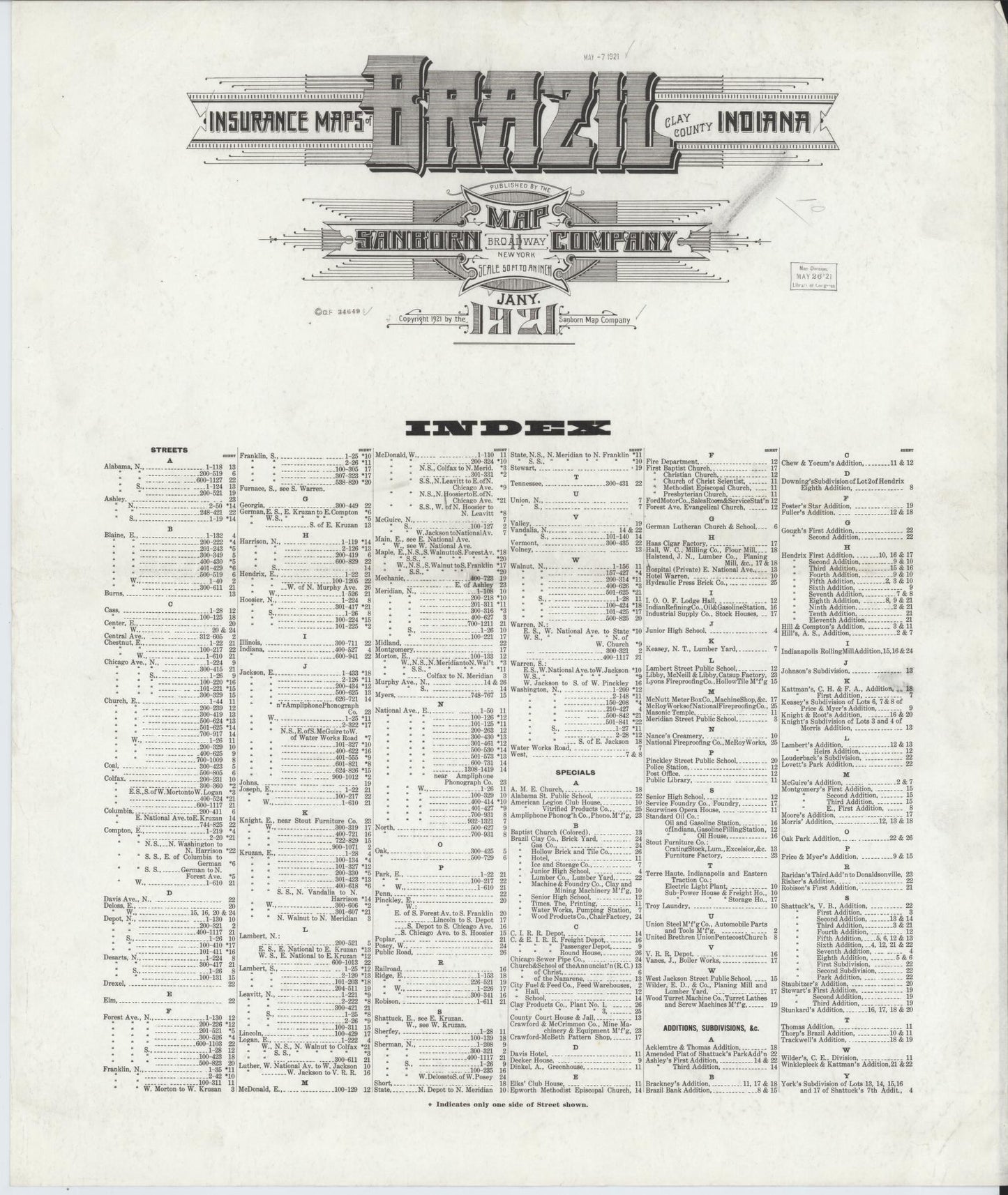 Sanborn Fire Insurance Map from Brazil, Clay County, Indiana. (1921) – Historic Sanborn Fire Insurance Map Print