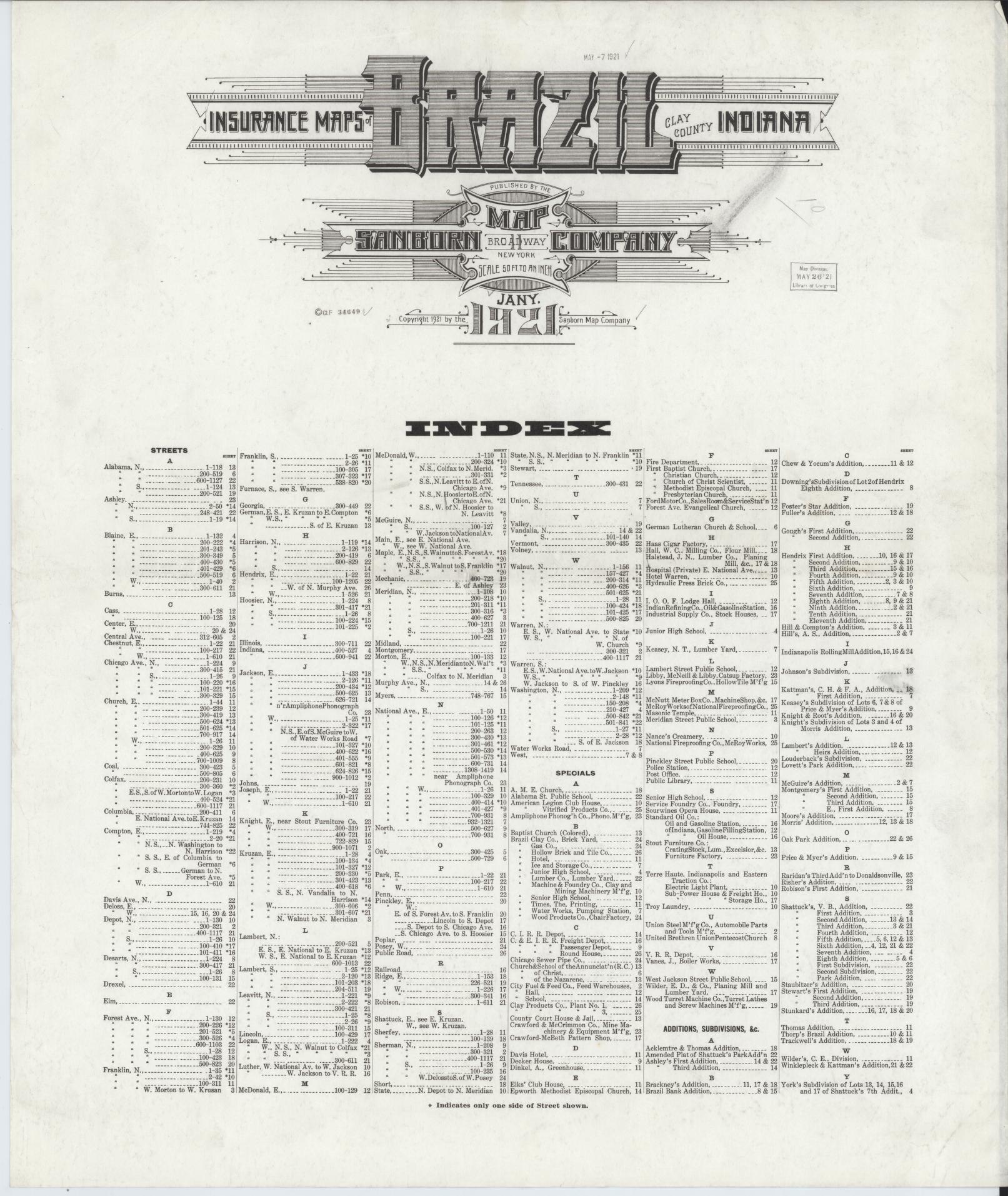 Sanborn Fire Insurance Map from Brazil, Clay County, Indiana. (1921) – Historic Sanborn Fire Insurance Map Print