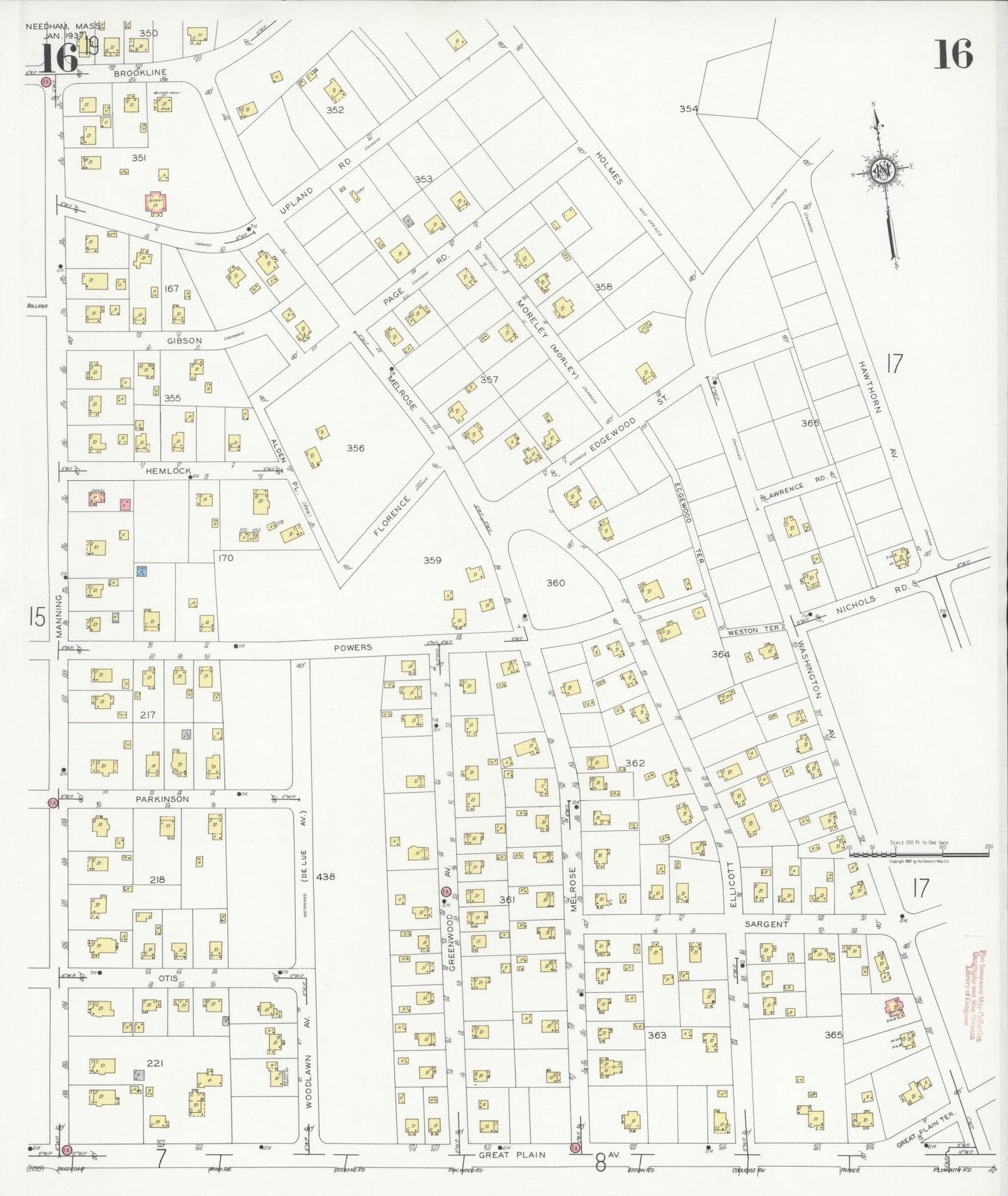 Sanborn Fire Insurance Map from Needham, Norfolk County, Massachusetts (1937), Sheet #0016 - Complete Map Set gallery image, historic Sanborn map, vintage wall art, Massachusetts Massachusetts