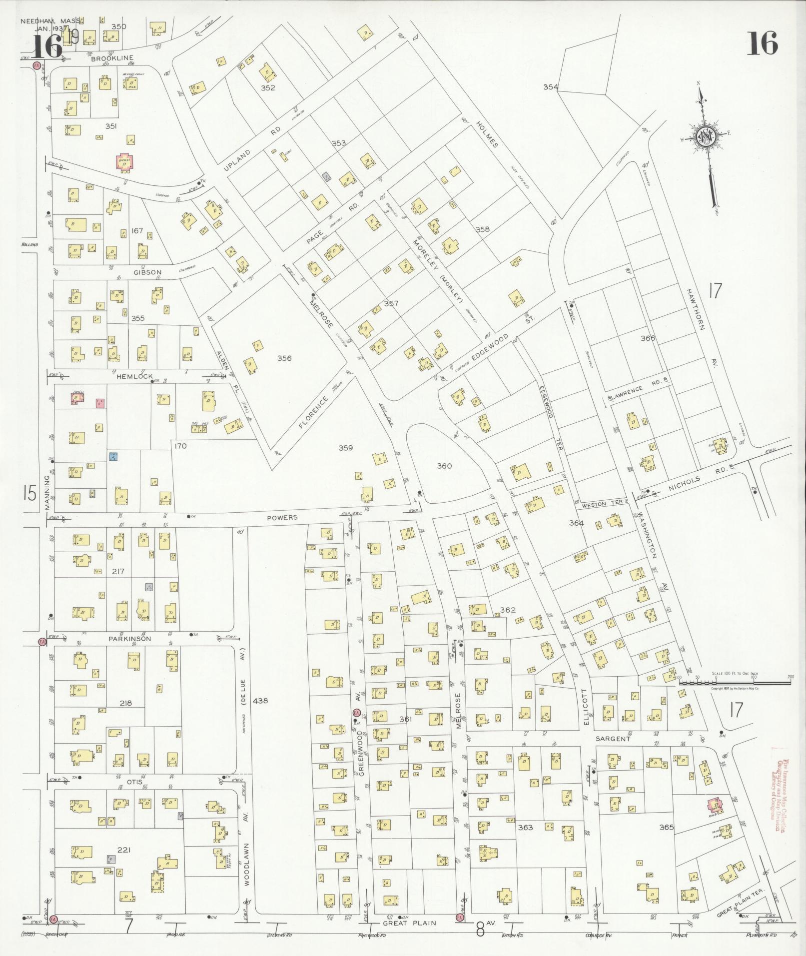 Sanborn Fire Insurance Map from Needham, Norfolk County, Massachusetts (1937), Sheet #0016 - Complete Map Set gallery image, historic Sanborn map, vintage wall art, Massachusetts Massachusetts