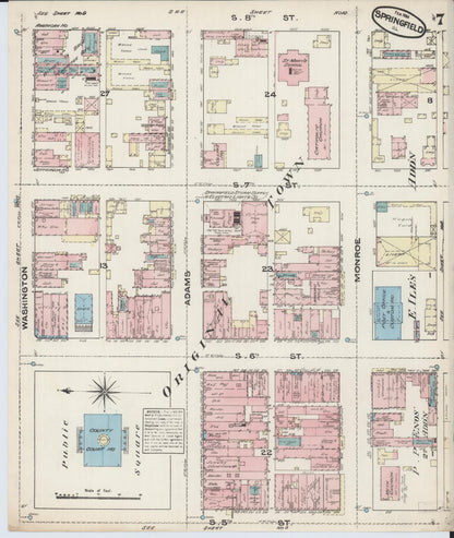Sanborn Fire Insurance Map from Springfield, Sangamon County, Illinois (1884), Sheet #0007 - Complete Map Set gallery image, historic Sanborn map, vintage wall art, Illinois Illinois