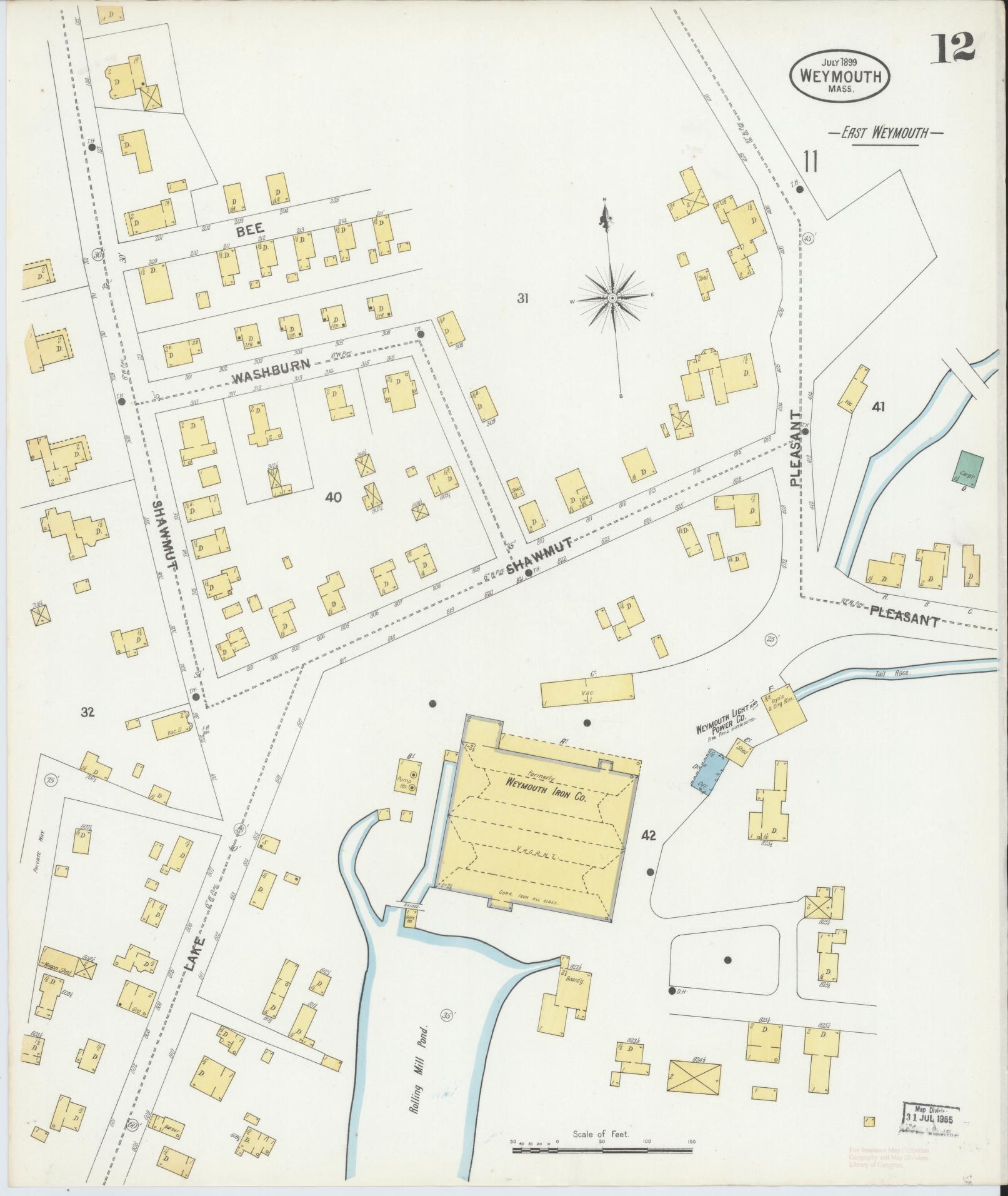 Sanborn Fire Insurance Map from Weymouth, Norfolk County, Massachusetts (1899), Sheet #0012 - Historic Sanborn Fire Insurance Map Print, vintage old map wall art, antique decor, genealogy gift, Massachusetts Massachusetts map