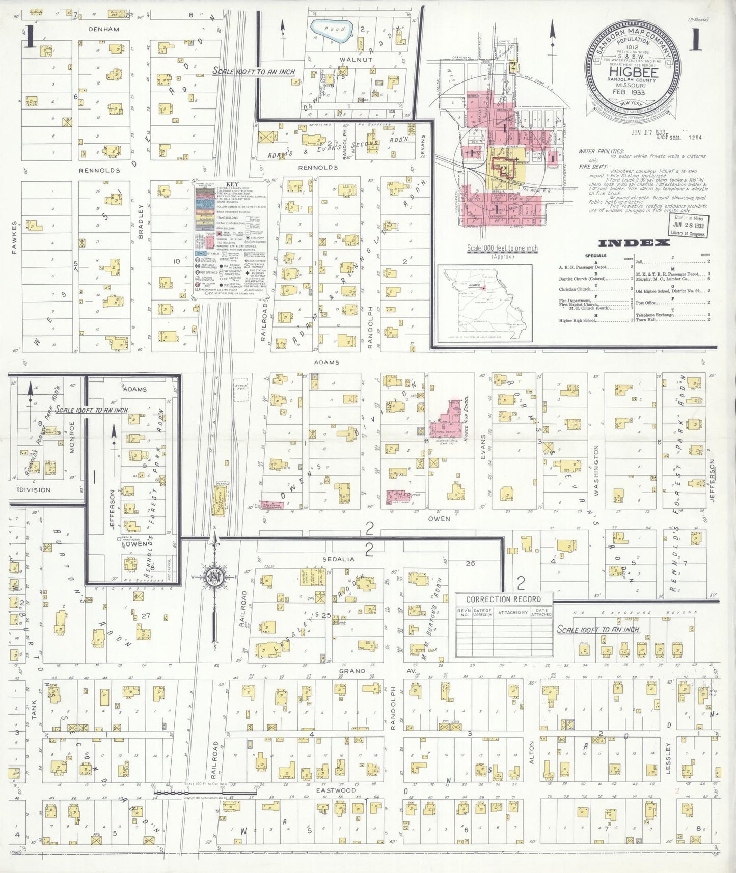 Sanborn Fire Insurance Map from Higbee, Randolph County, Missouri (1933), Sheet #0001 - Complete Map Set gallery image, historic Sanborn map, vintage wall art, Missouri Missouri