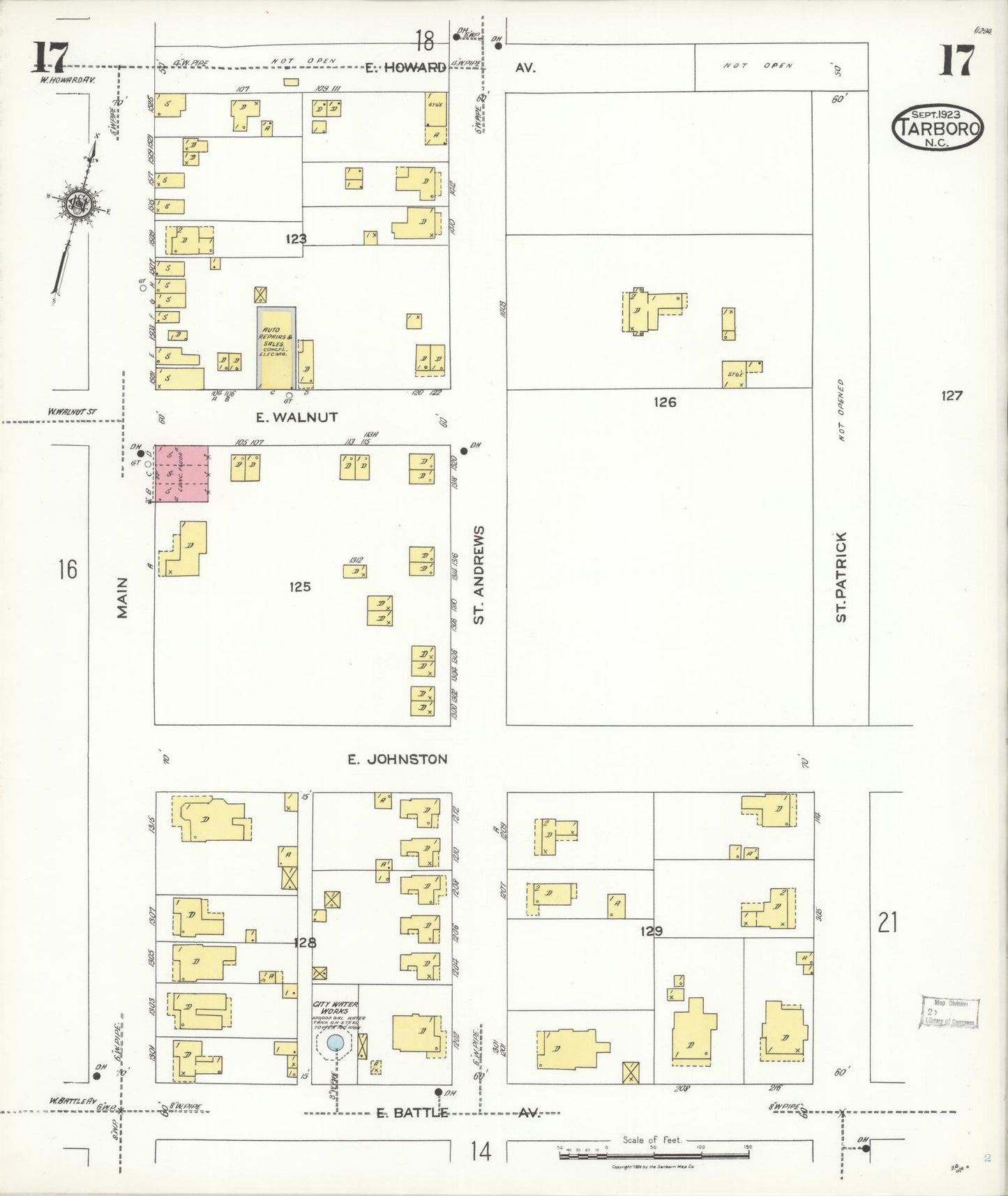 Sanborn Fire Insurance Map from Tarboro, Edgecombe County, North Carolina (1923), Sheet #0017 - Historic Sanborn Fire Insurance Map Print, vintage old map wall art, antique decor, genealogy gift, North Carolina North Carolina map
