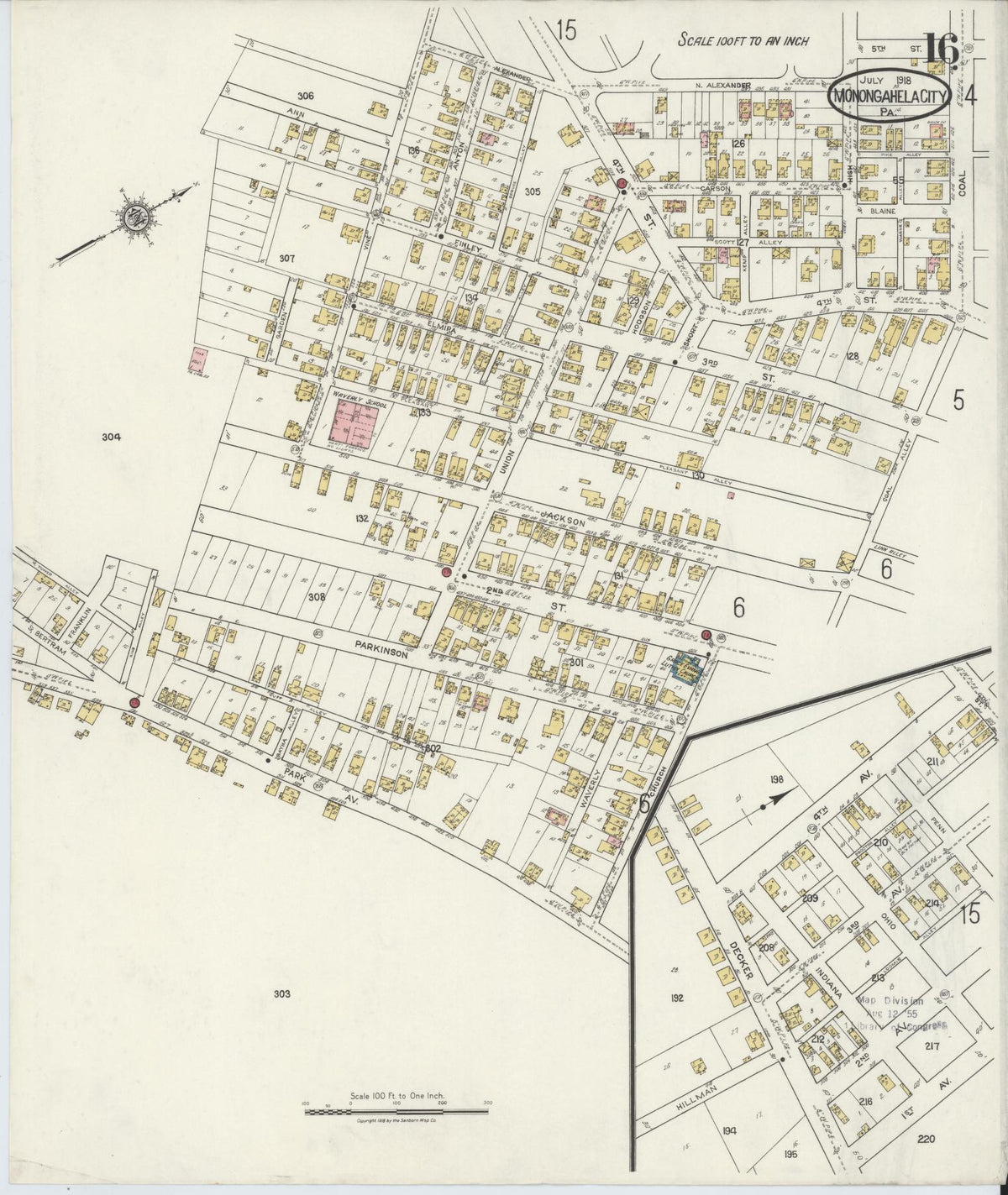 Sanborn Fire Insurance Map from Monongahela City, Washington County, Pennsylvania (1918), Sheet #0016 - Historic Sanborn Fire Insurance Map Print, vintage old map wall art, antique decor, genealogy gift, Pennsylvania Pennsylvania map