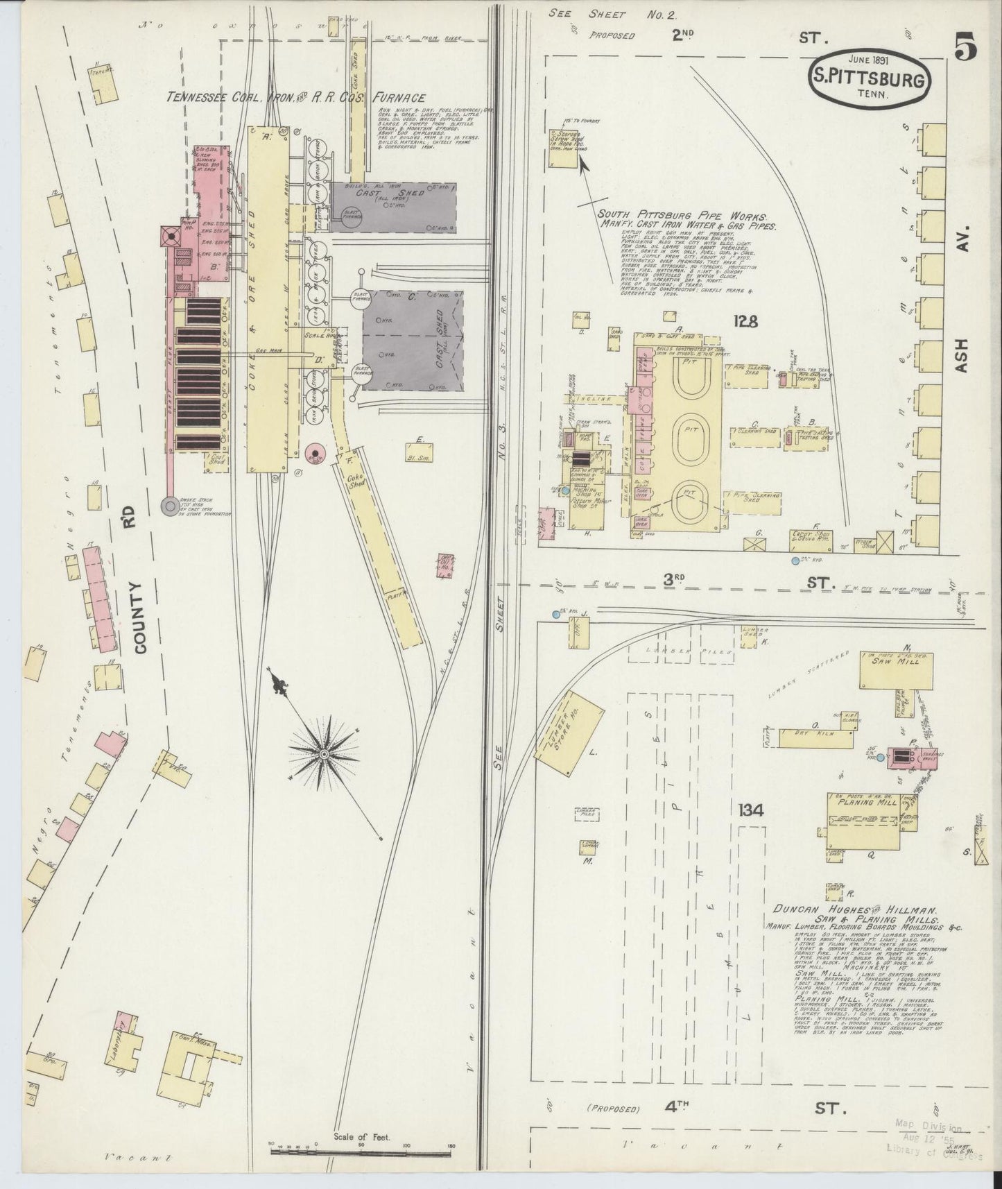 Sanborn Fire Insurance Map from South Pittsburg, Marion County, Tennessee (1891), Sheet #0005 - Complete Map Set gallery image, historic Sanborn map, vintage wall art, Tennessee Tennessee