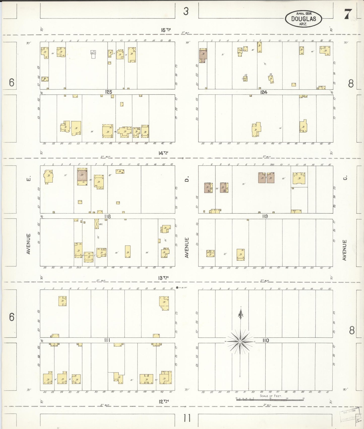 Sanborn Fire Insurance Map from Douglas, Cochise County, Arizona (1904), Sheet #0007 - Complete Map Set gallery image, historic Sanborn map, vintage wall art, Arizona Arizona